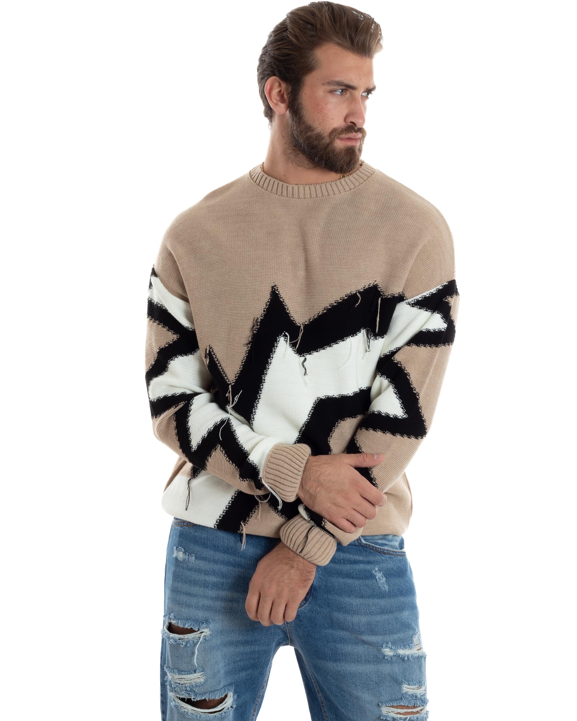 Maglione Uomo Girocollo Maglia Morbida Calda Pullover Fantasia Bicolore Casual Beige GIOSAL-M2933A