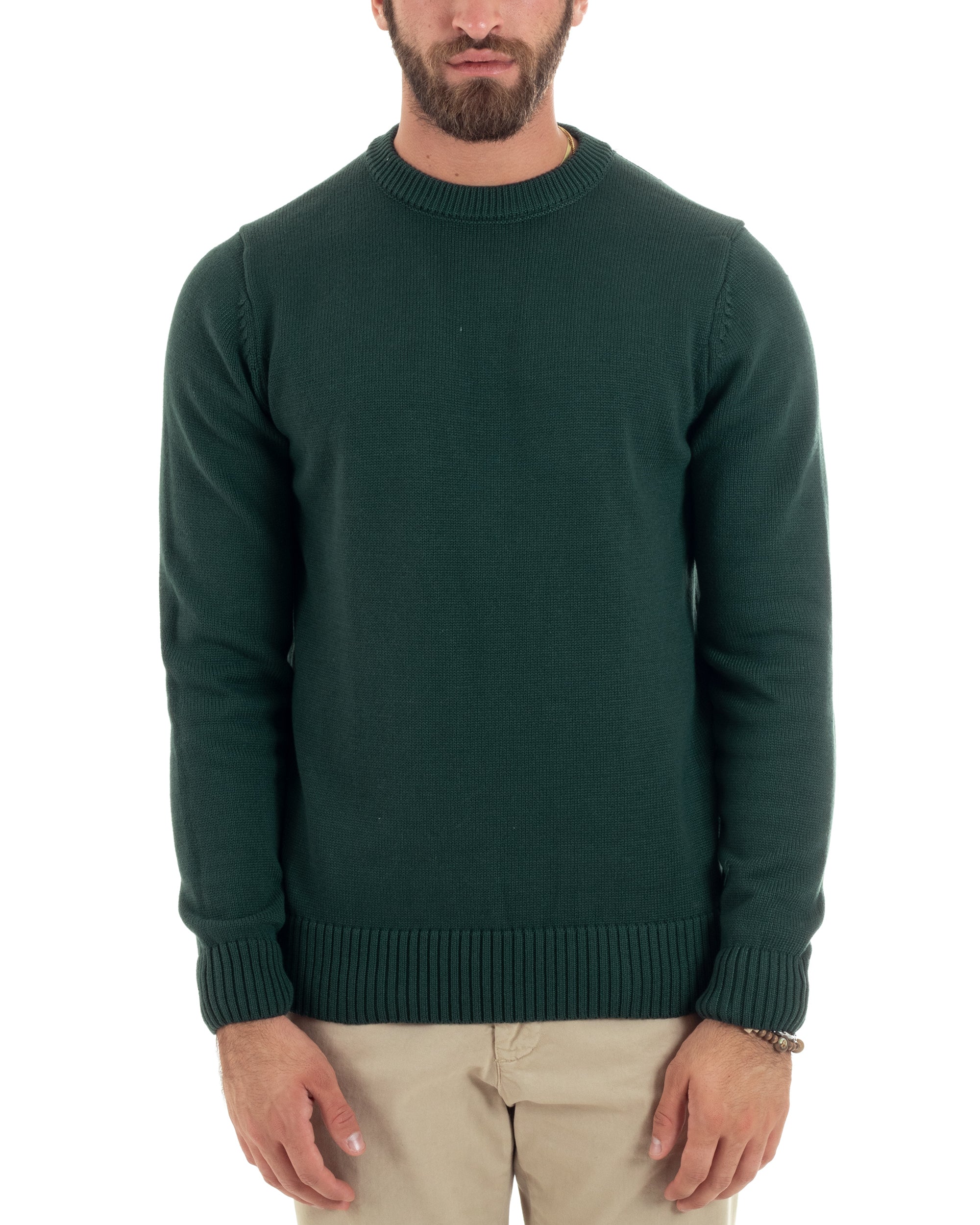 Maglioncino Uomo Girocollo Maglia Inglese Maglione Morbido Basic Tinta Unita Verde GIOSAL-M2936A