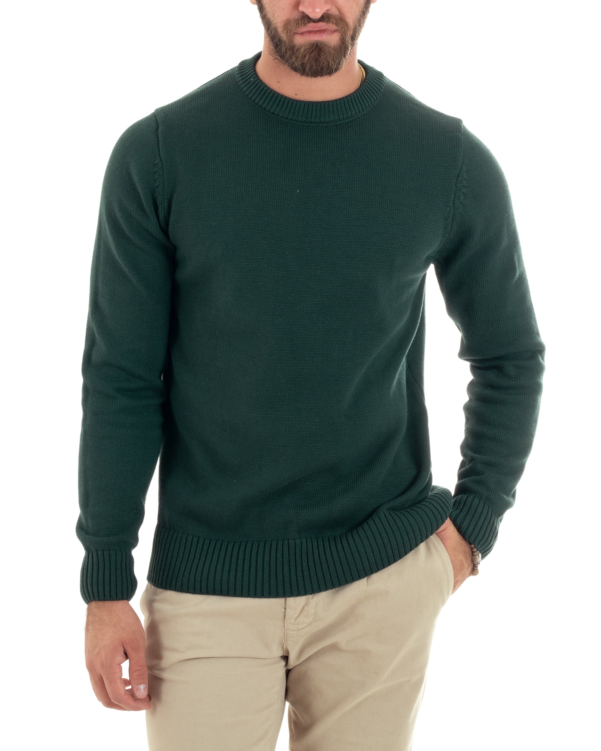 Maglioncino Uomo Girocollo Maglia Inglese Maglione Morbido Basic Tinta Unita Verde GIOSAL-M2936A