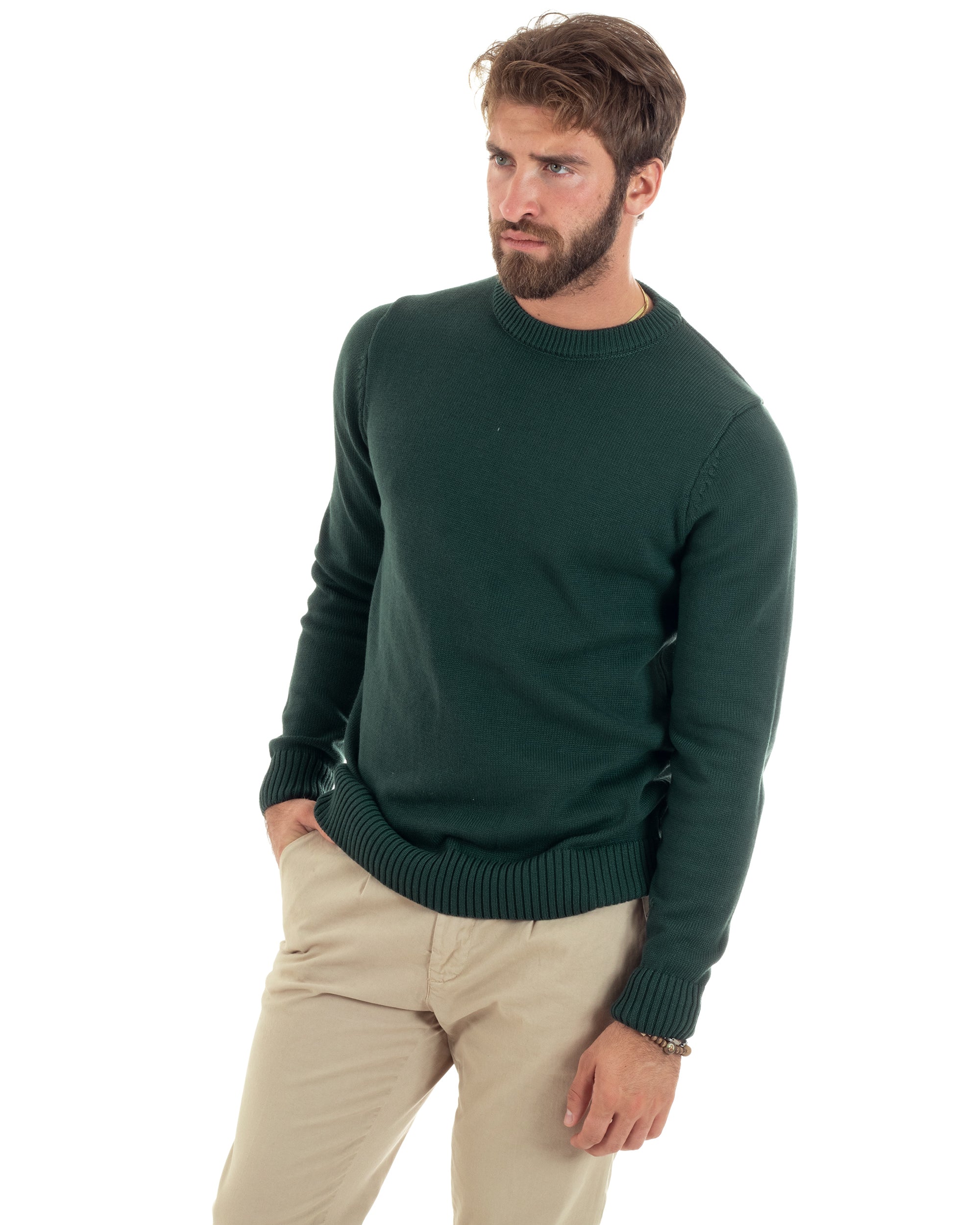 Maglioncino Uomo Girocollo Maglia Inglese Maglione Morbido Basic Tinta Unita Verde GIOSAL-M2936A