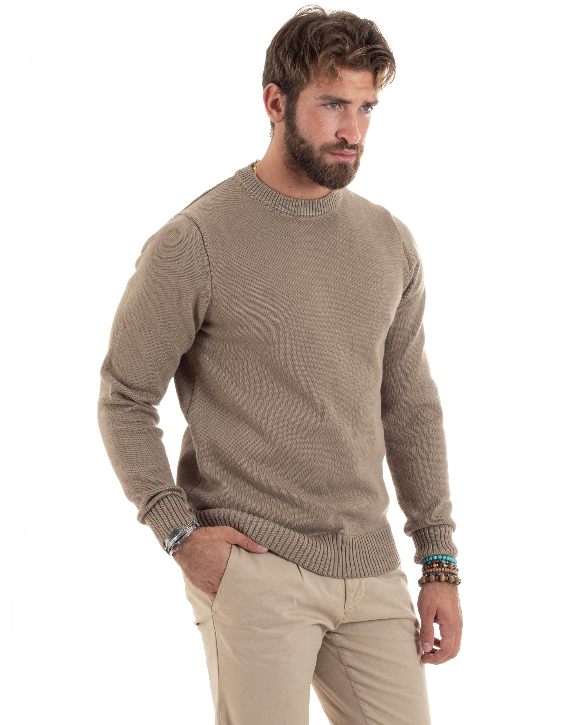 Maglioncino Uomo Girocollo Maglia Inglese Maglione Morbido Basic Tinta Unita Beige GIOSAL-M2937A