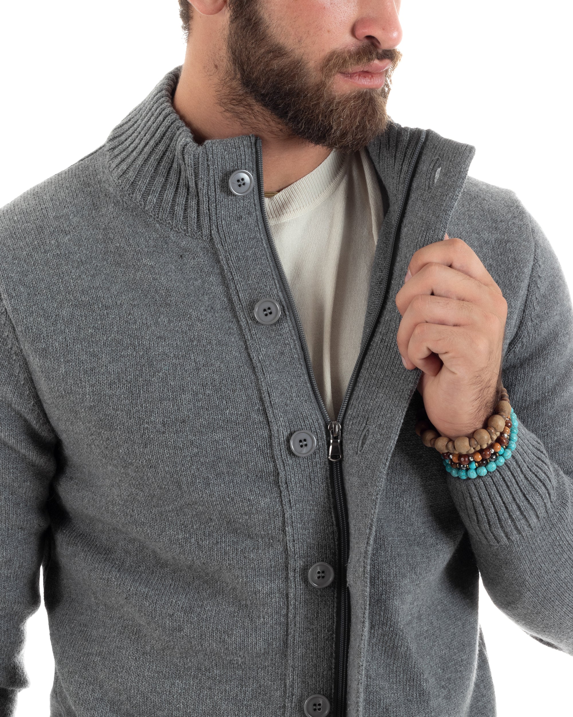 Cardigan Uomo Lana Giacca Comoda Calda Maglioncino Con Collo Bottoni Casual Tinta Unita Grigio GIOSAL-M2941A