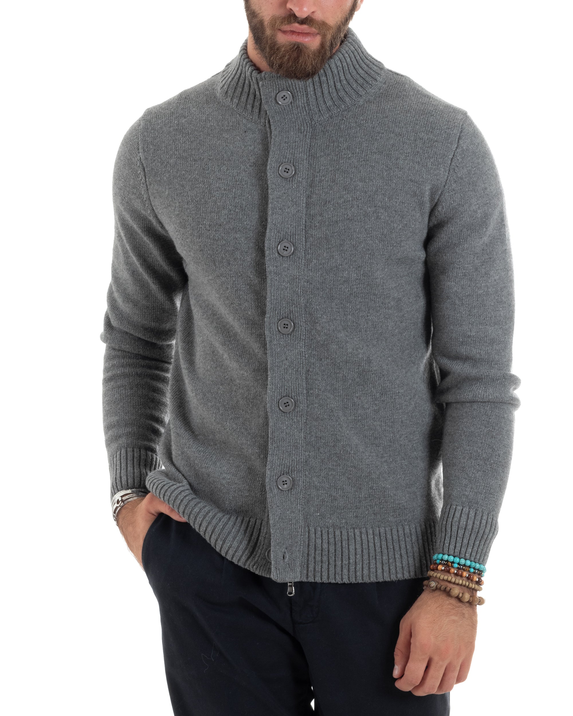 Cardigan Uomo Lana Giacca Comoda Calda Maglioncino Con Collo Bottoni Casual Tinta Unita Grigio GIOSAL-M2941A