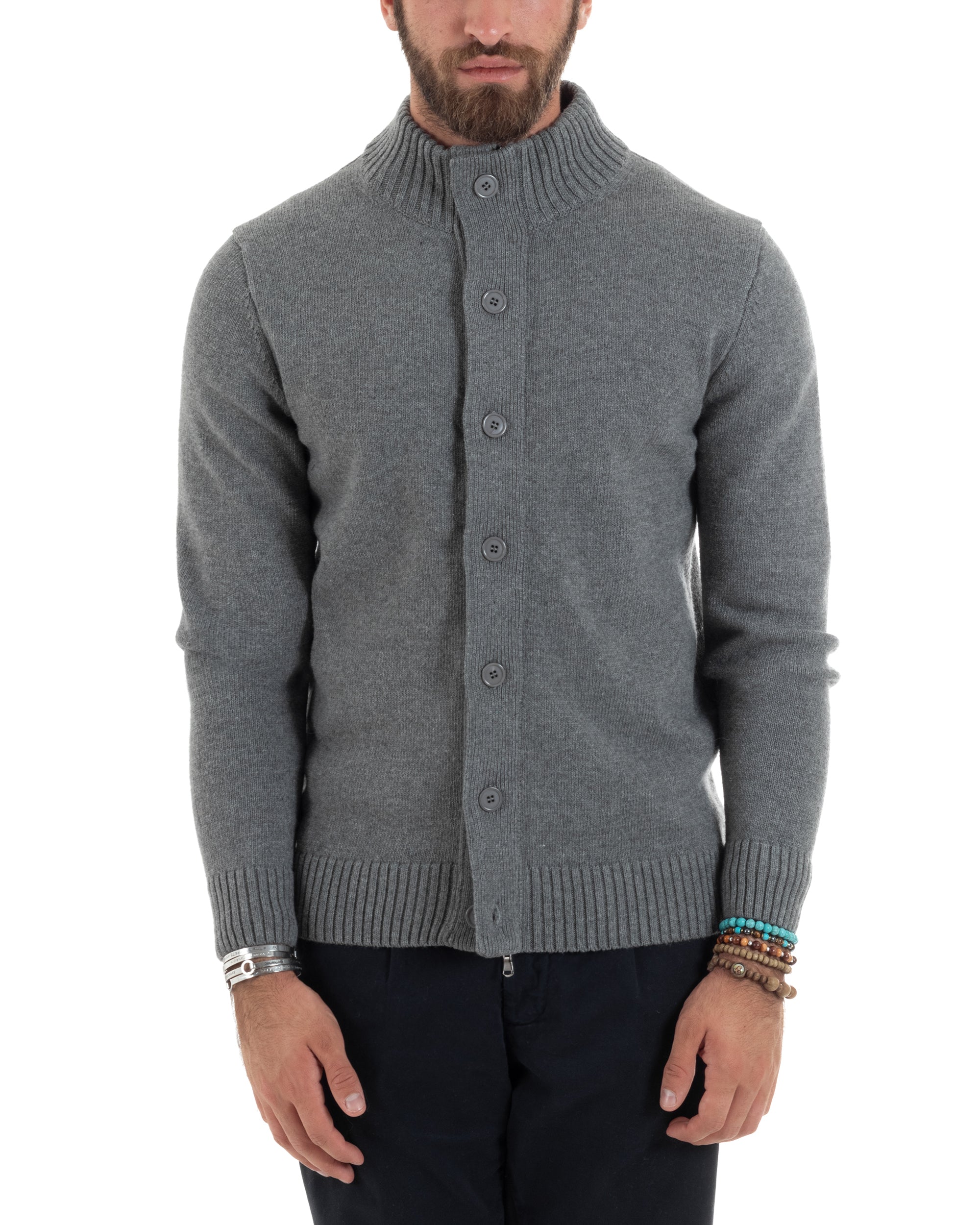 Cardigan Uomo Lana Giacca Comoda Calda Maglioncino Con Collo Bottoni Casual Tinta Unita Grigio GIOSAL-M2941A