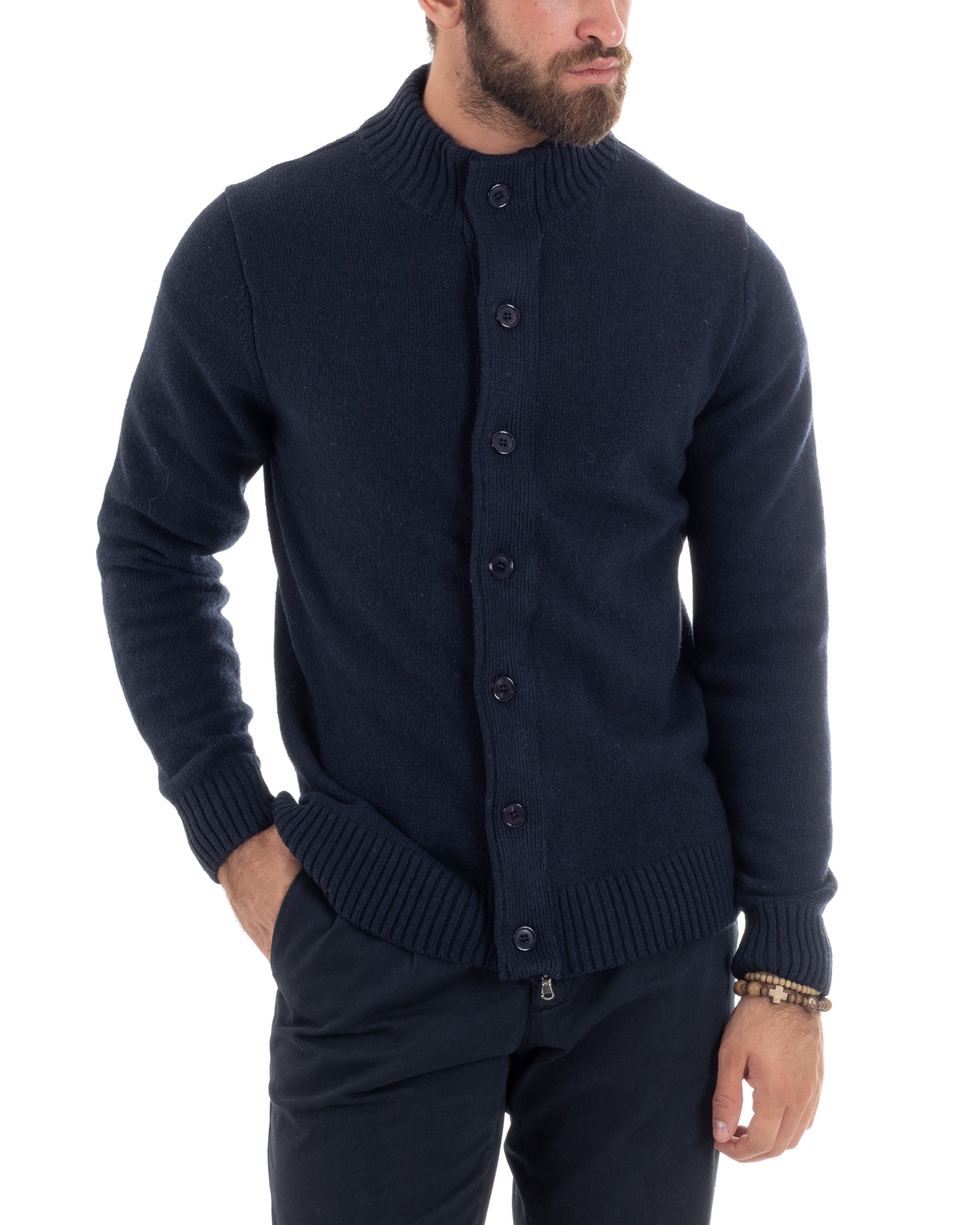 Cardigan Uomo Lana Giacca Comoda Calda Maglioncino Con Collo Bottoni Casual Tinta Unita Blu GIOSAL-M2942A