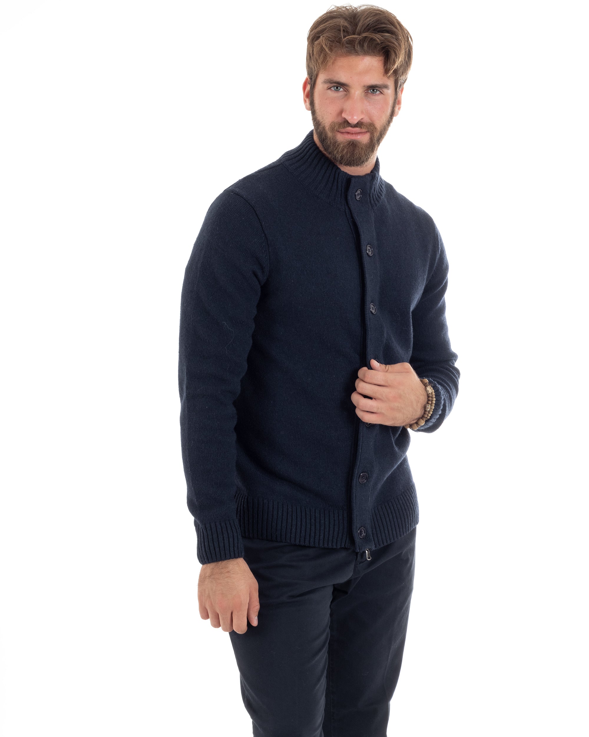 Cardigan Uomo Lana Giacca Comoda Calda Maglioncino Con Collo Bottoni Casual Tinta Unita Blu GIOSAL-M2942A