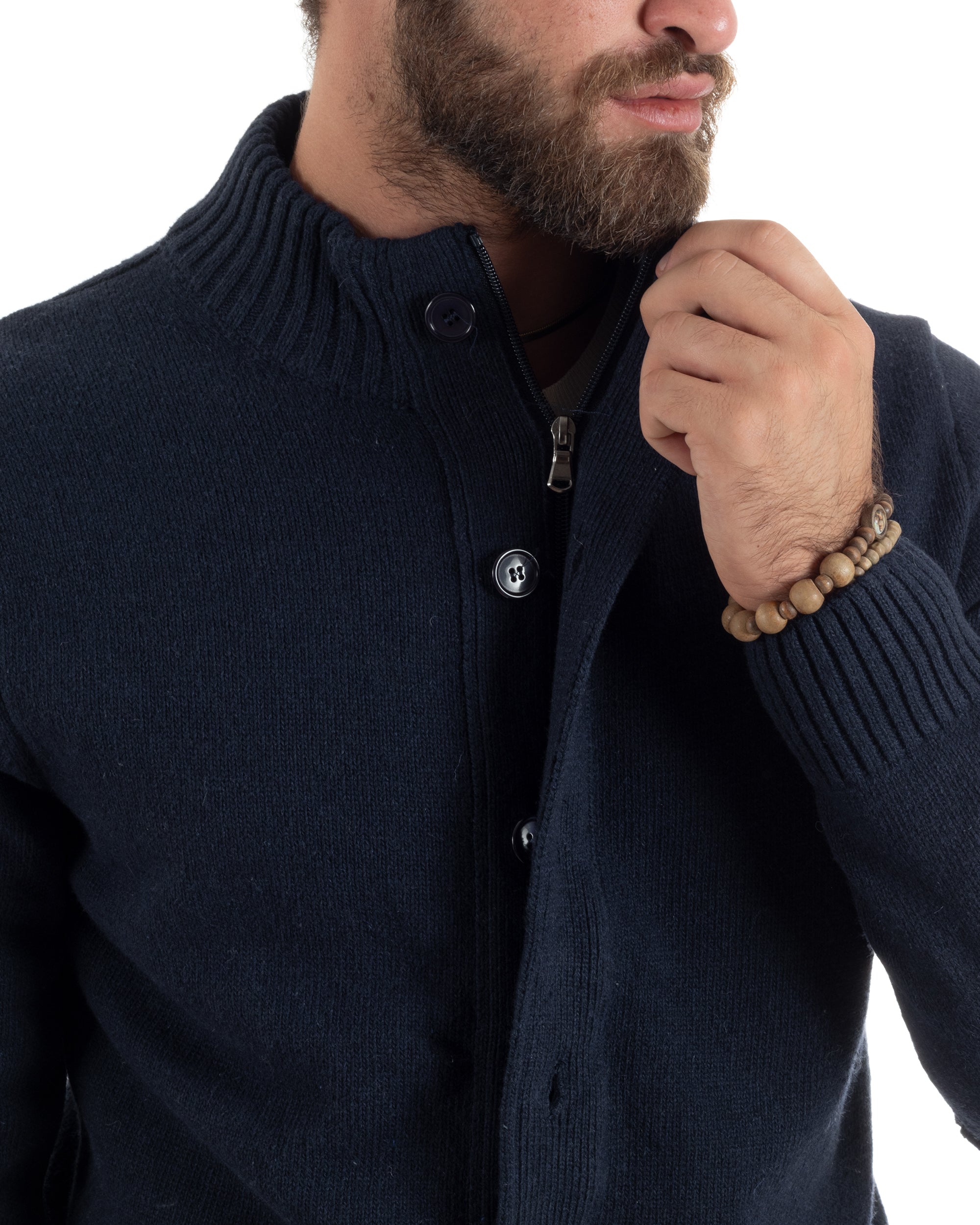 Cardigan Uomo Lana Giacca Comoda Calda Maglioncino Con Collo Bottoni Casual Tinta Unita Blu GIOSAL-M2942A