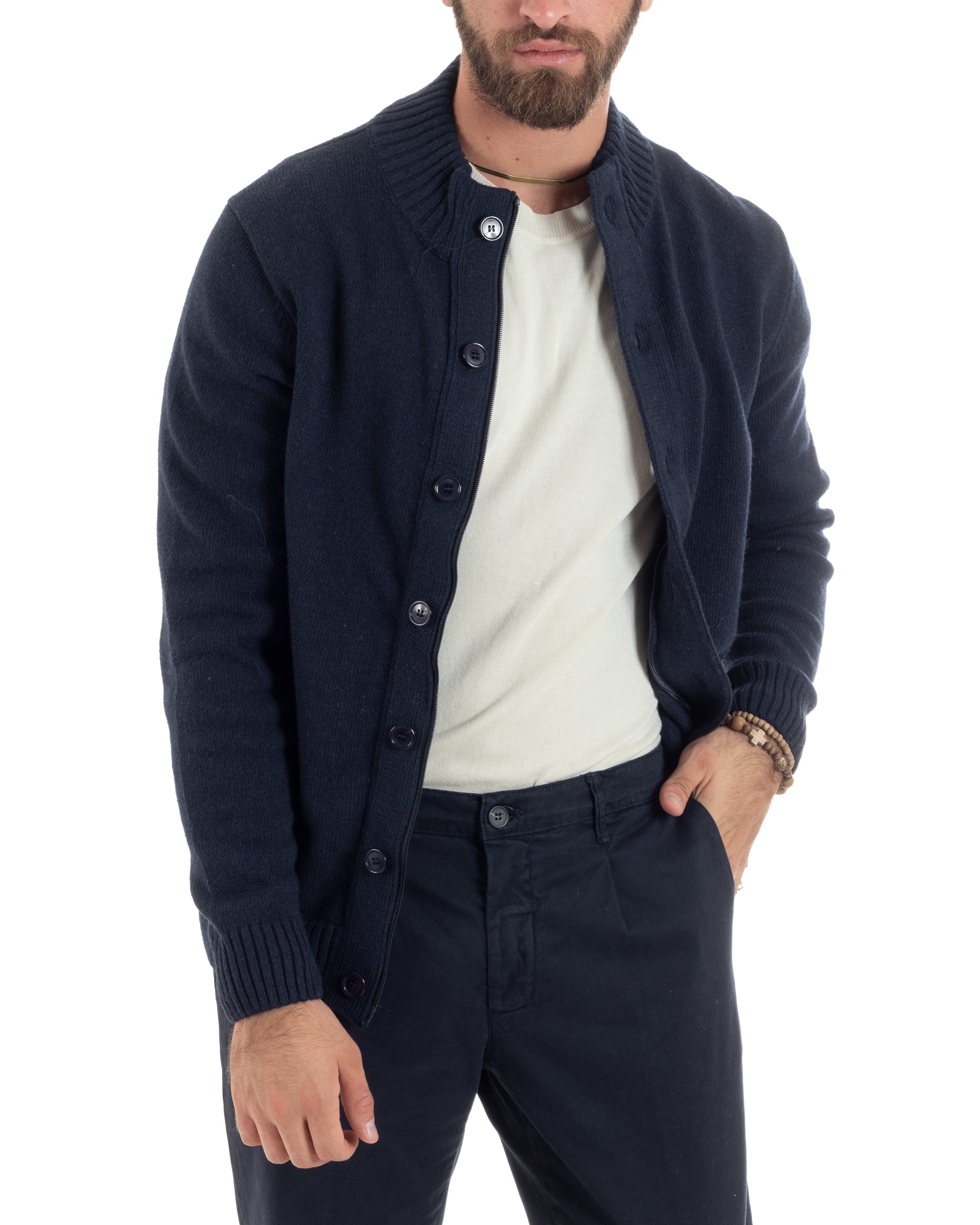 Cardigan Uomo Lana Giacca Comoda Calda Maglioncino Con Collo Bottoni Casual Tinta Unita Blu GIOSAL-M2942A