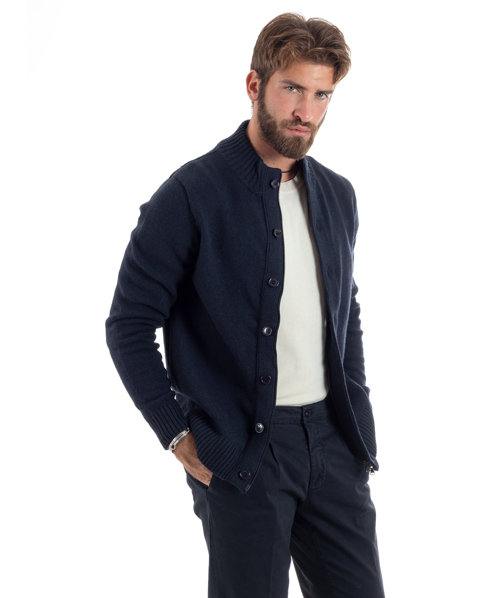 Cardigan Uomo Lana Giacca Comoda Calda Maglioncino Con Collo Bottoni Casual Tinta Unita Blu GIOSAL-M2942A