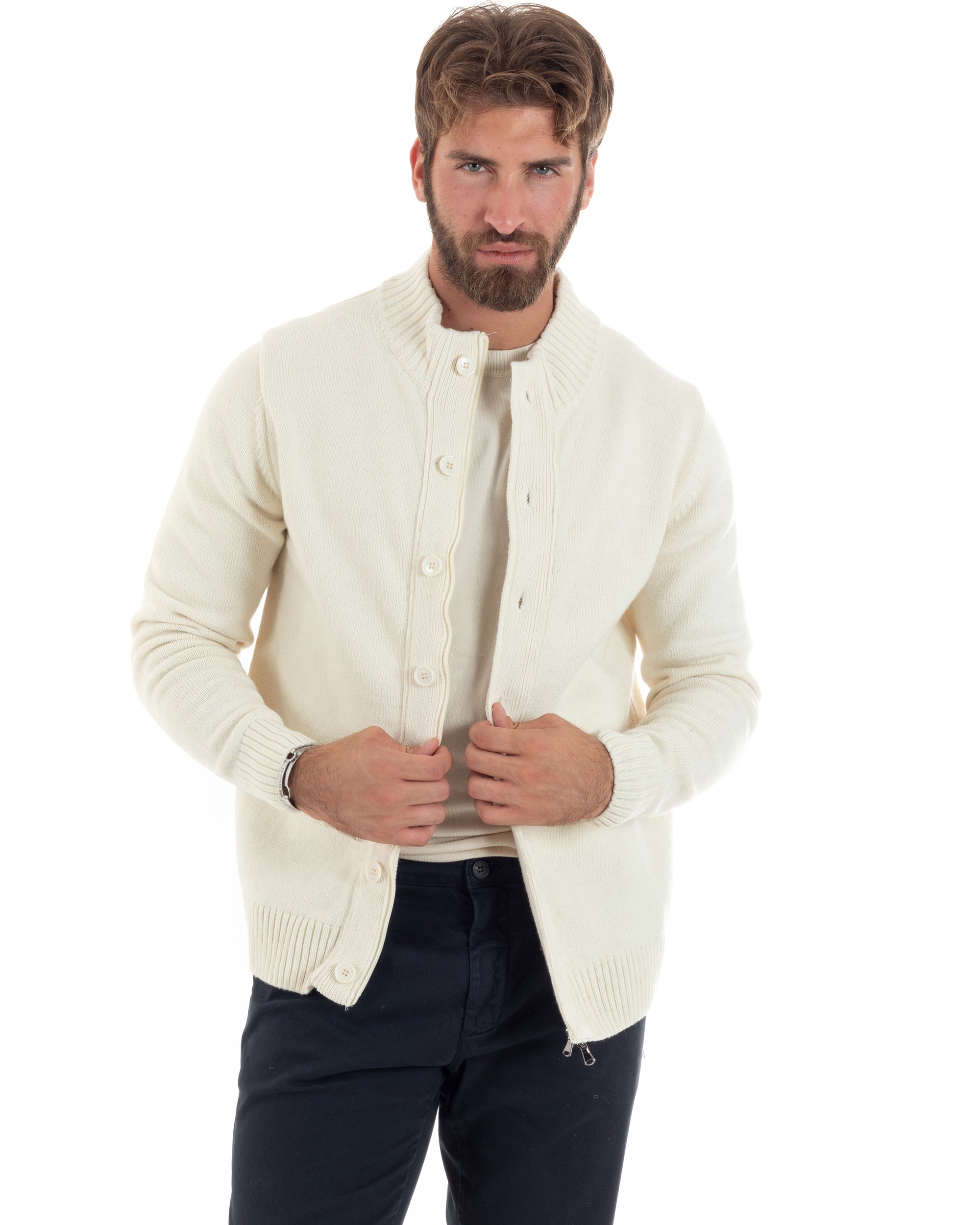 Cardigan Uomo Lana Giacca Comoda Calda Maglioncino Con Collo Bottoni Casual Tinta Unita Panna GIOSAL-M2943A