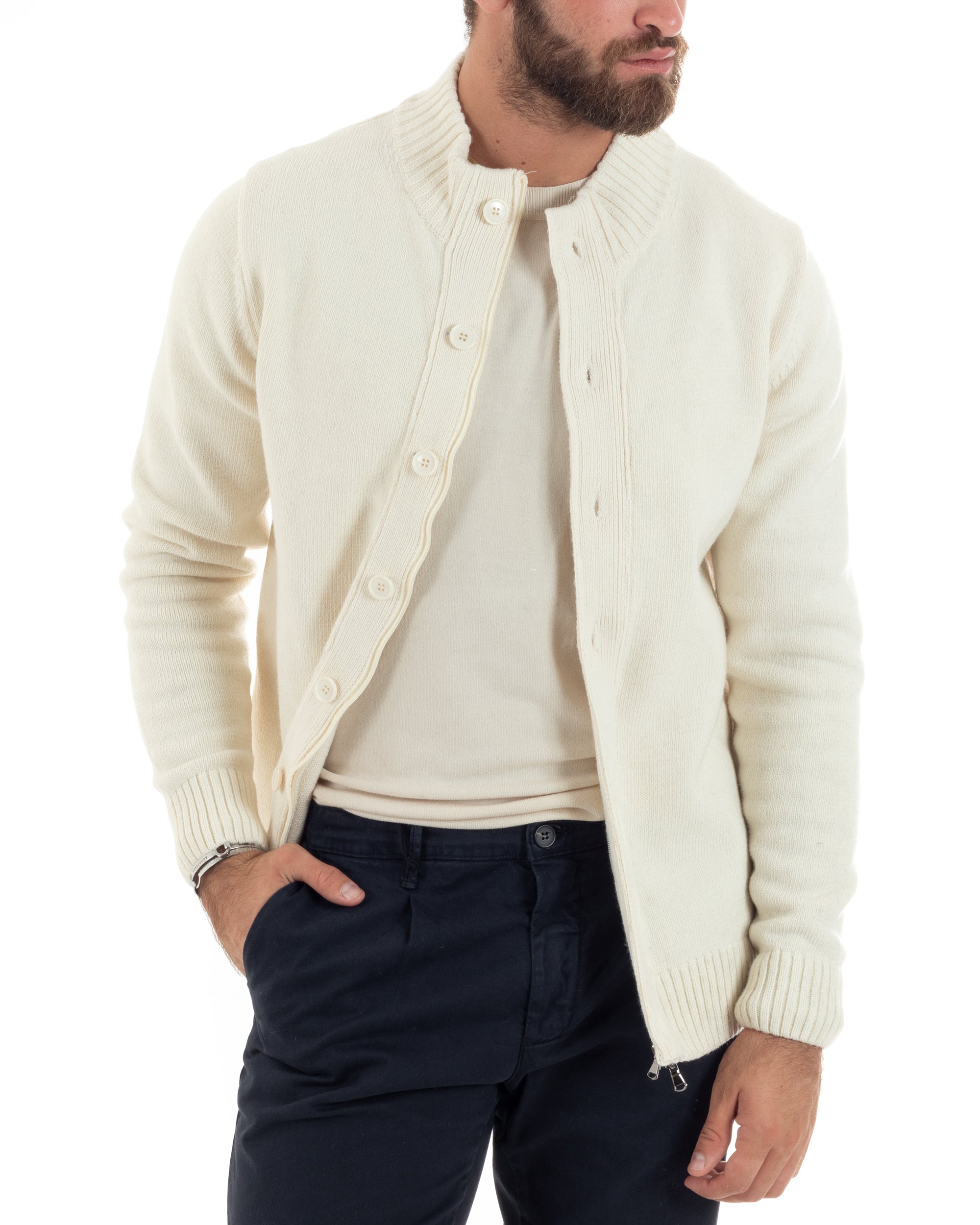 Cardigan Uomo Lana Giacca Comoda Calda Maglioncino Con Collo Bottoni Casual Tinta Unita Panna GIOSAL-M2943A