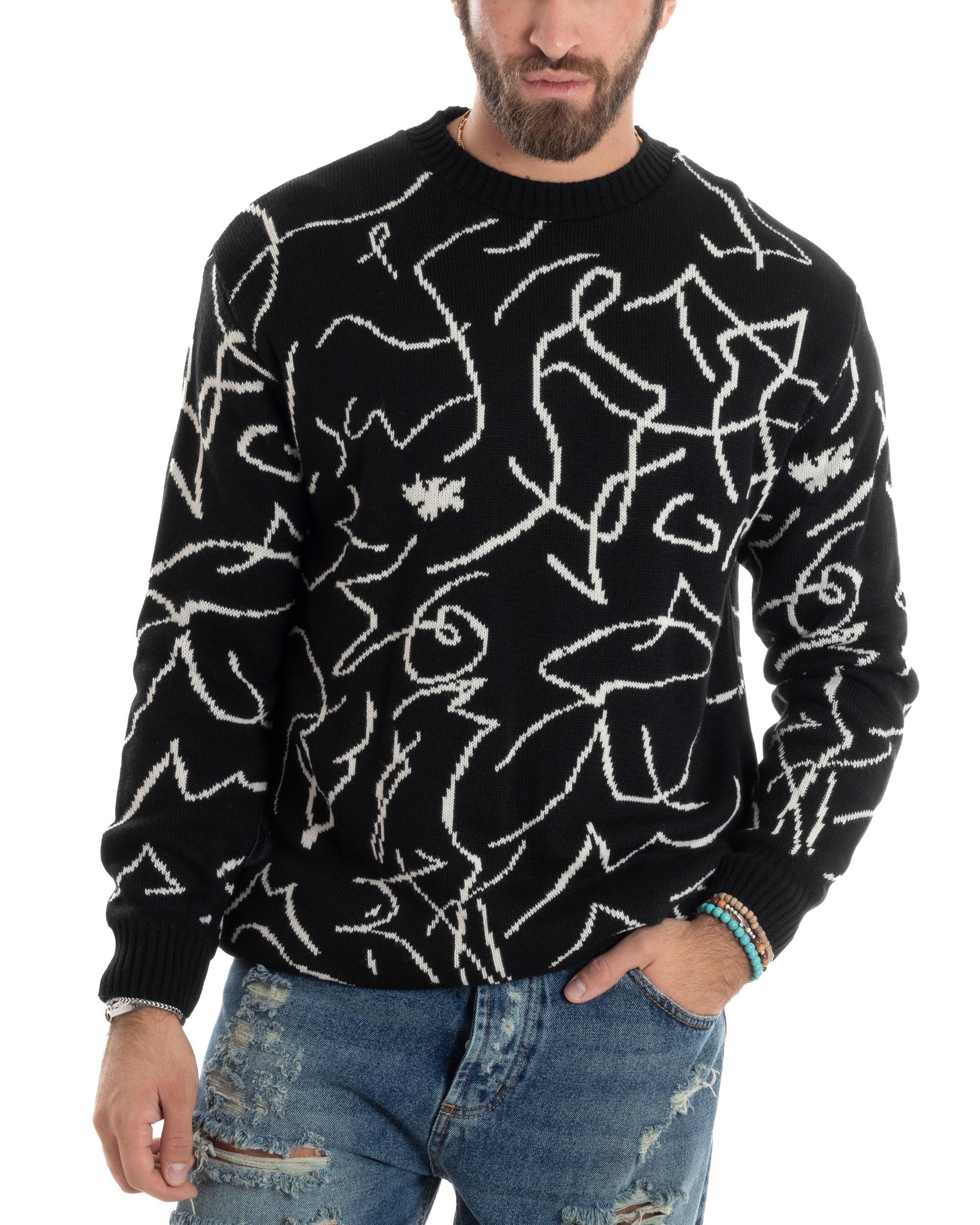 Maglione Uomo Girocollo Maglia Fantasia Righe Pullover Caldo Morbido Casual Bicolore Nero GIOSAL-M2944A