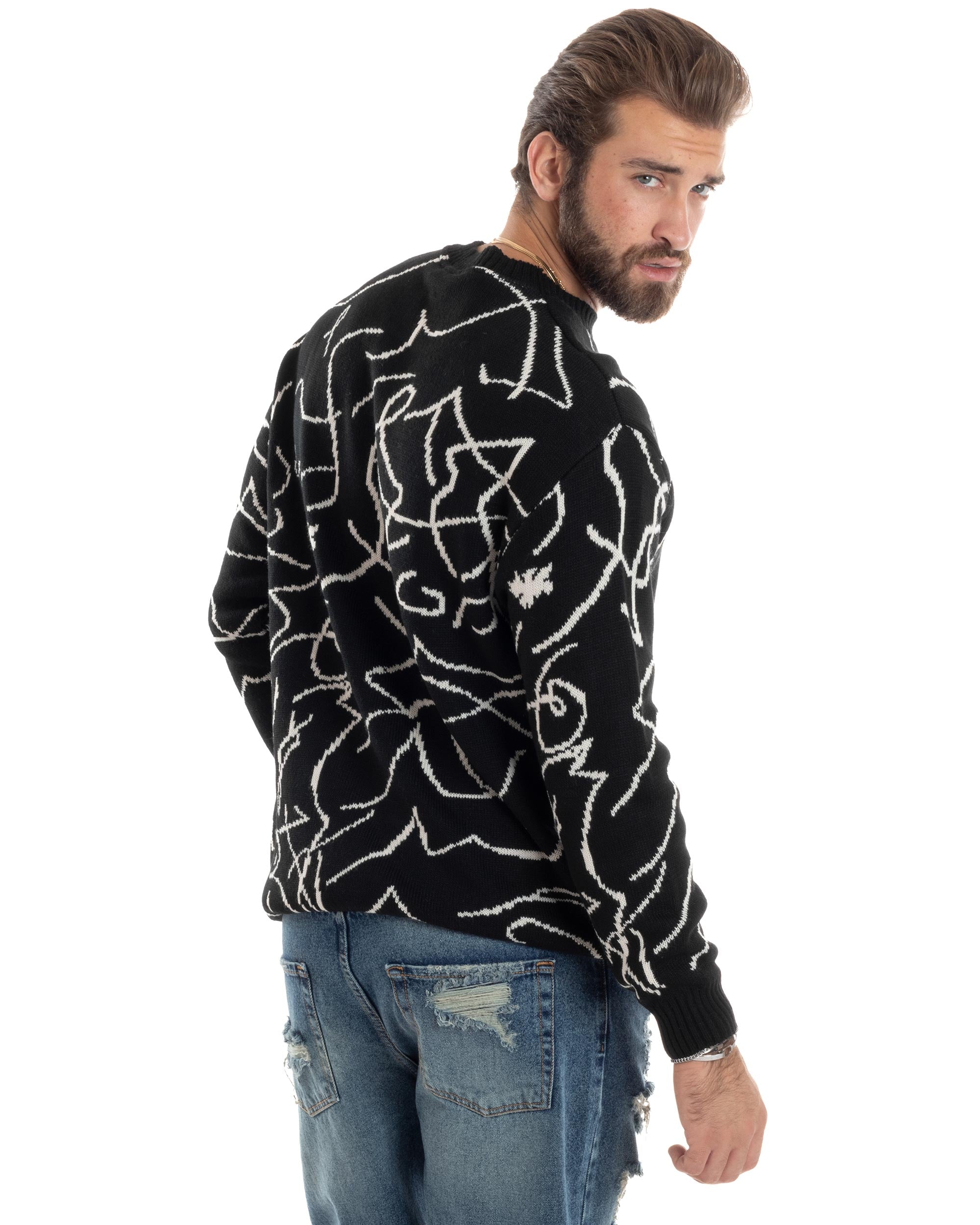 Maglione Uomo Girocollo Maglia Fantasia Righe Pullover Caldo Morbido Casual Bicolore Nero GIOSAL-M2944A