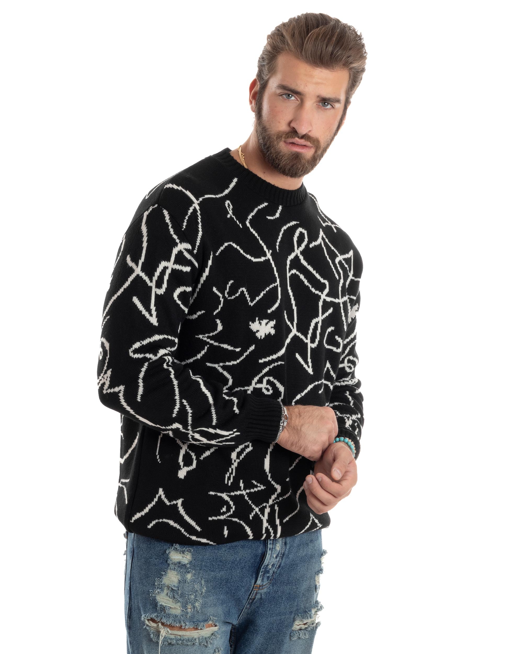 Maglione Uomo Girocollo Maglia Fantasia Righe Pullover Caldo Morbido Casual Bicolore Nero GIOSAL-M2944A