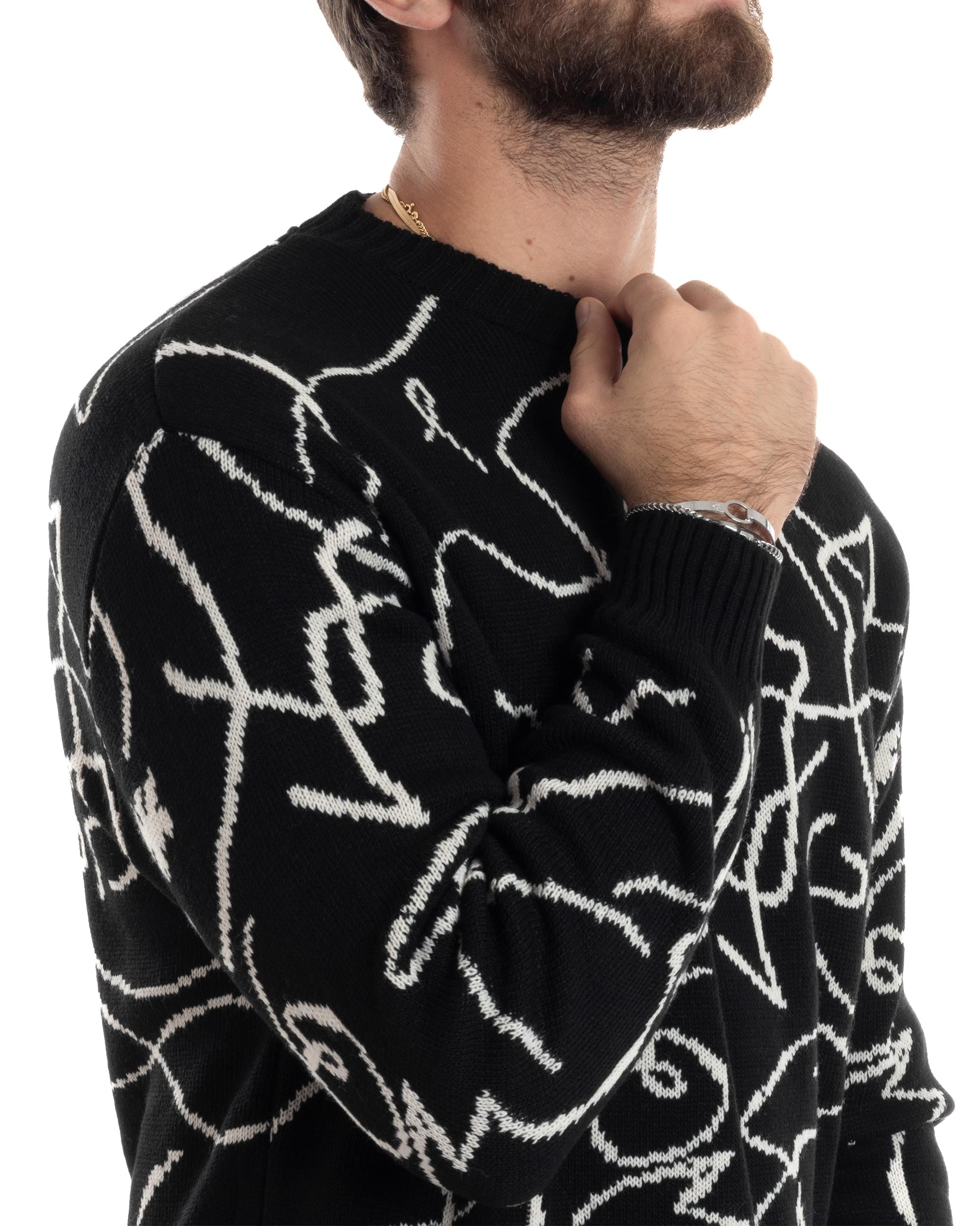 Maglione Uomo Girocollo Maglia Fantasia Righe Pullover Caldo Morbido Casual Bicolore Nero GIOSAL-M2944A