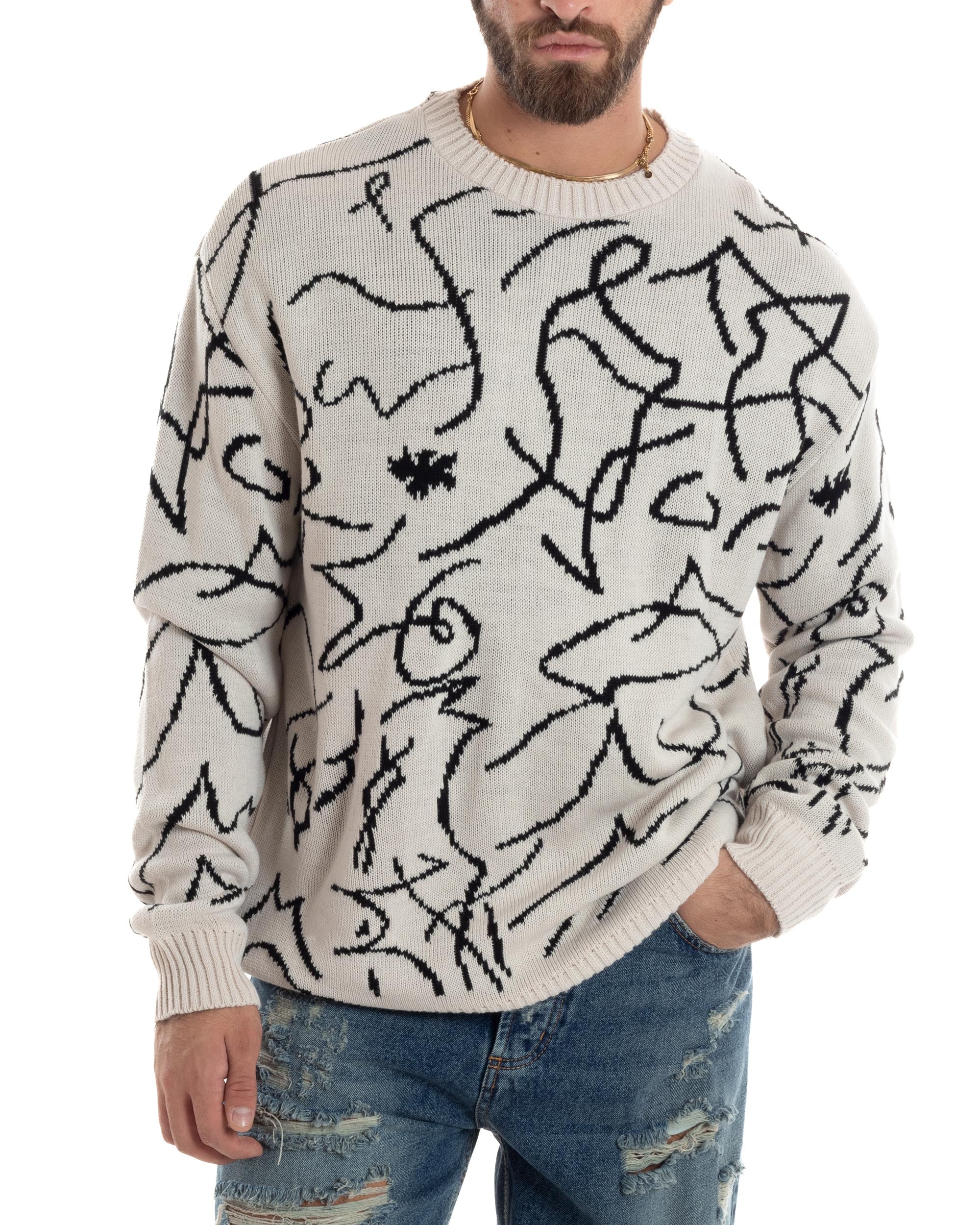 Maglione Uomo Girocollo Maglia Fantasia Righe Pullover Caldo Morbido Casual Bicolore Beige GIOSAL-M2945A