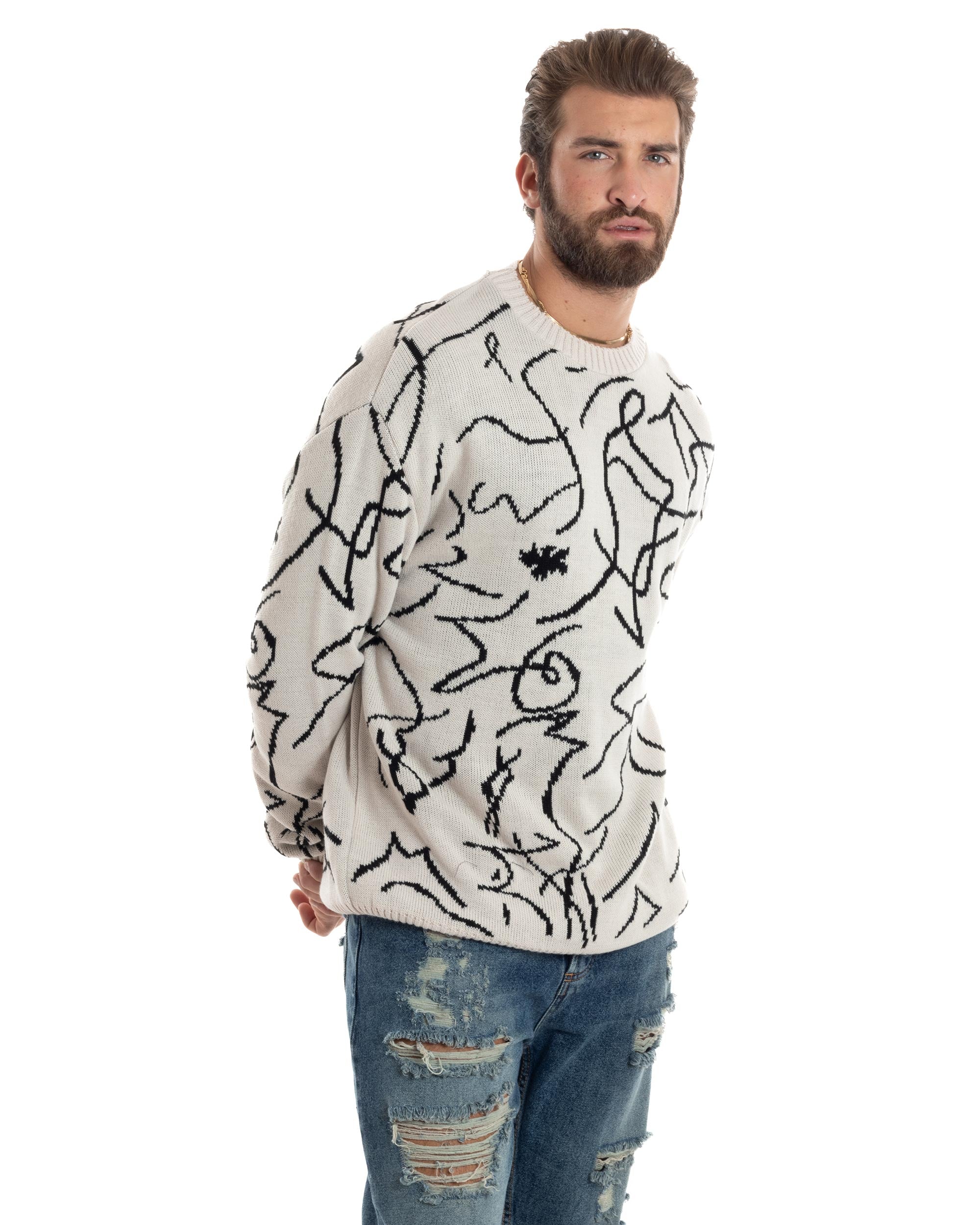 Maglione Uomo Girocollo Maglia Fantasia Righe Pullover Caldo Morbido Casual Bicolore Beige GIOSAL-M2945A