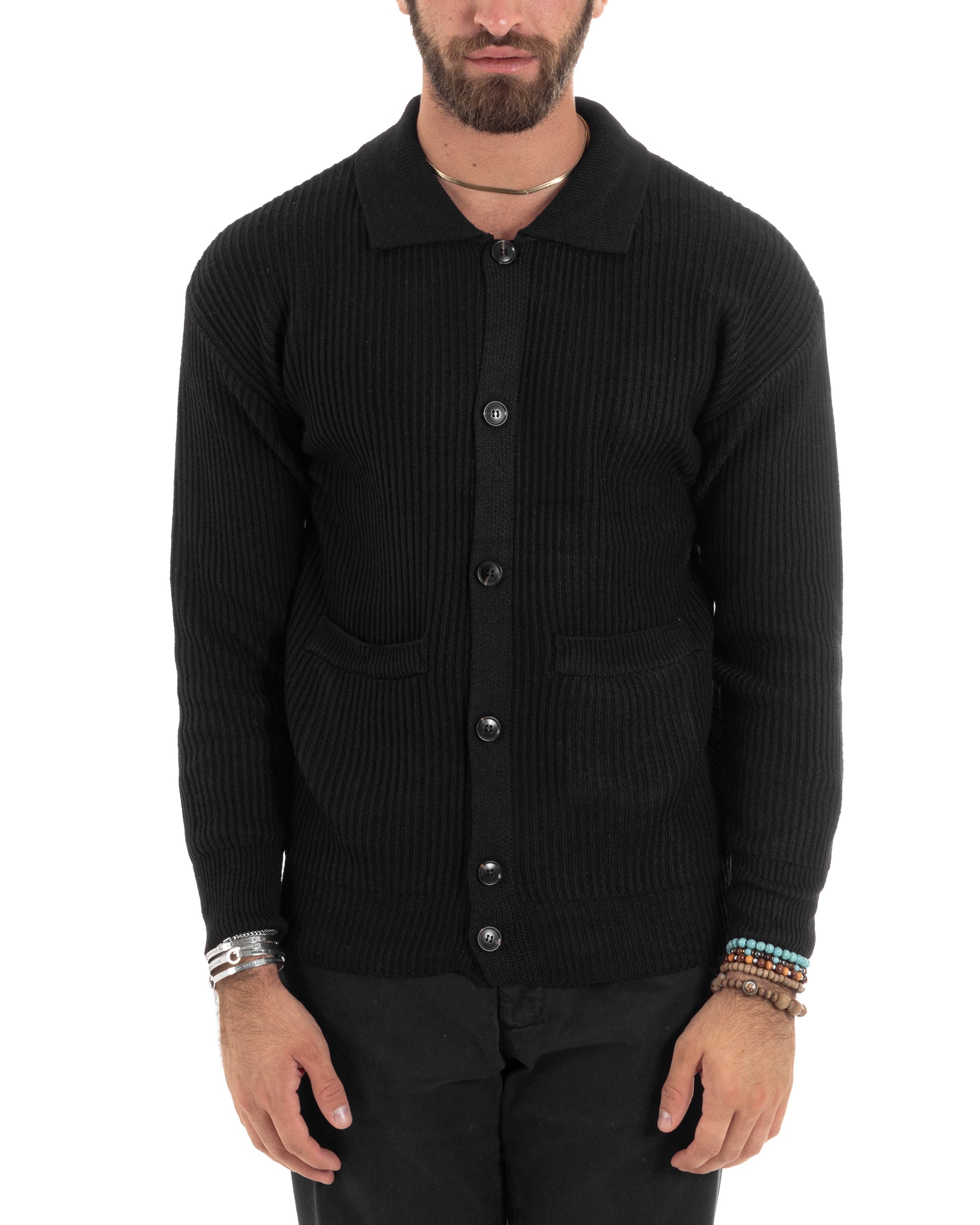 Cardigan Uomo Con Bottoni Maglioncino Con Colletto Polo Maniche Lunghe Tinta Unita Nero GIOSAL-M2946A