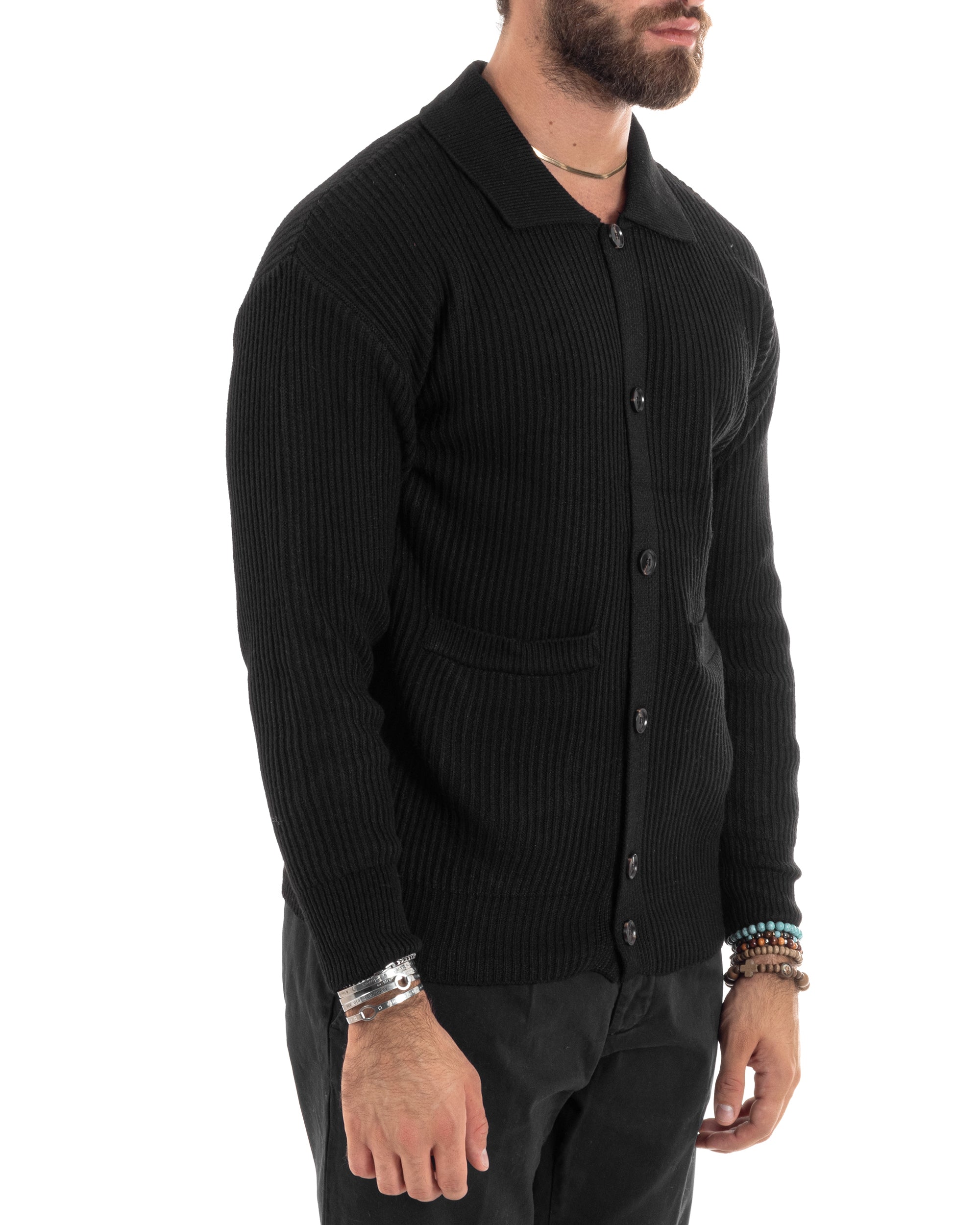 Cardigan Uomo Con Bottoni Maglioncino Con Colletto Polo Maniche Lunghe Tinta Unita Nero GIOSAL-M2946A