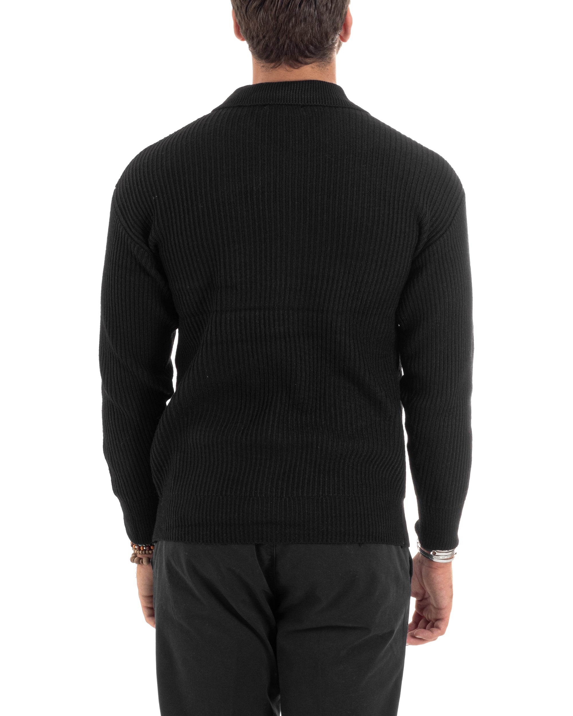 Cardigan Uomo Con Bottoni Maglioncino Con Colletto Polo Maniche Lunghe Tinta Unita Nero GIOSAL-M2946A