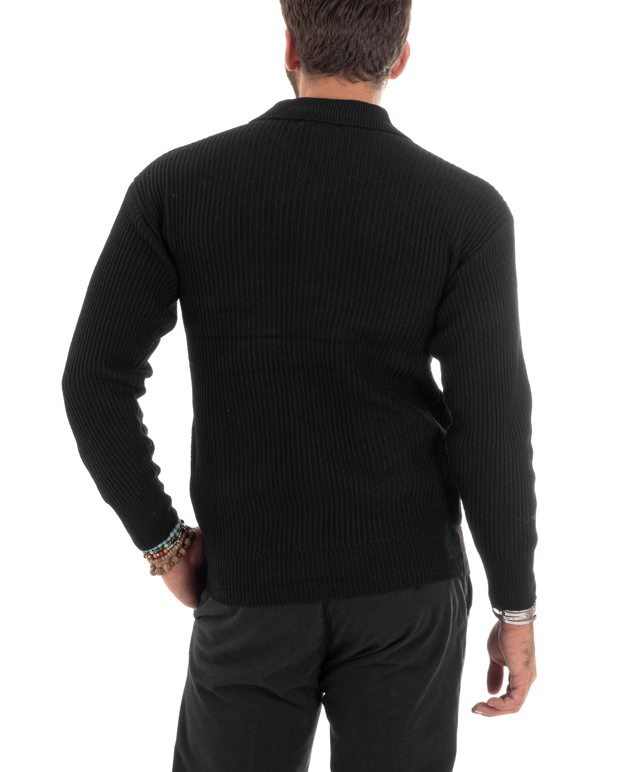 Cardigan Uomo Con Bottoni Maglioncino Con Colletto Polo Maniche Lunghe Tinta Unita Nero GIOSAL-M2946A