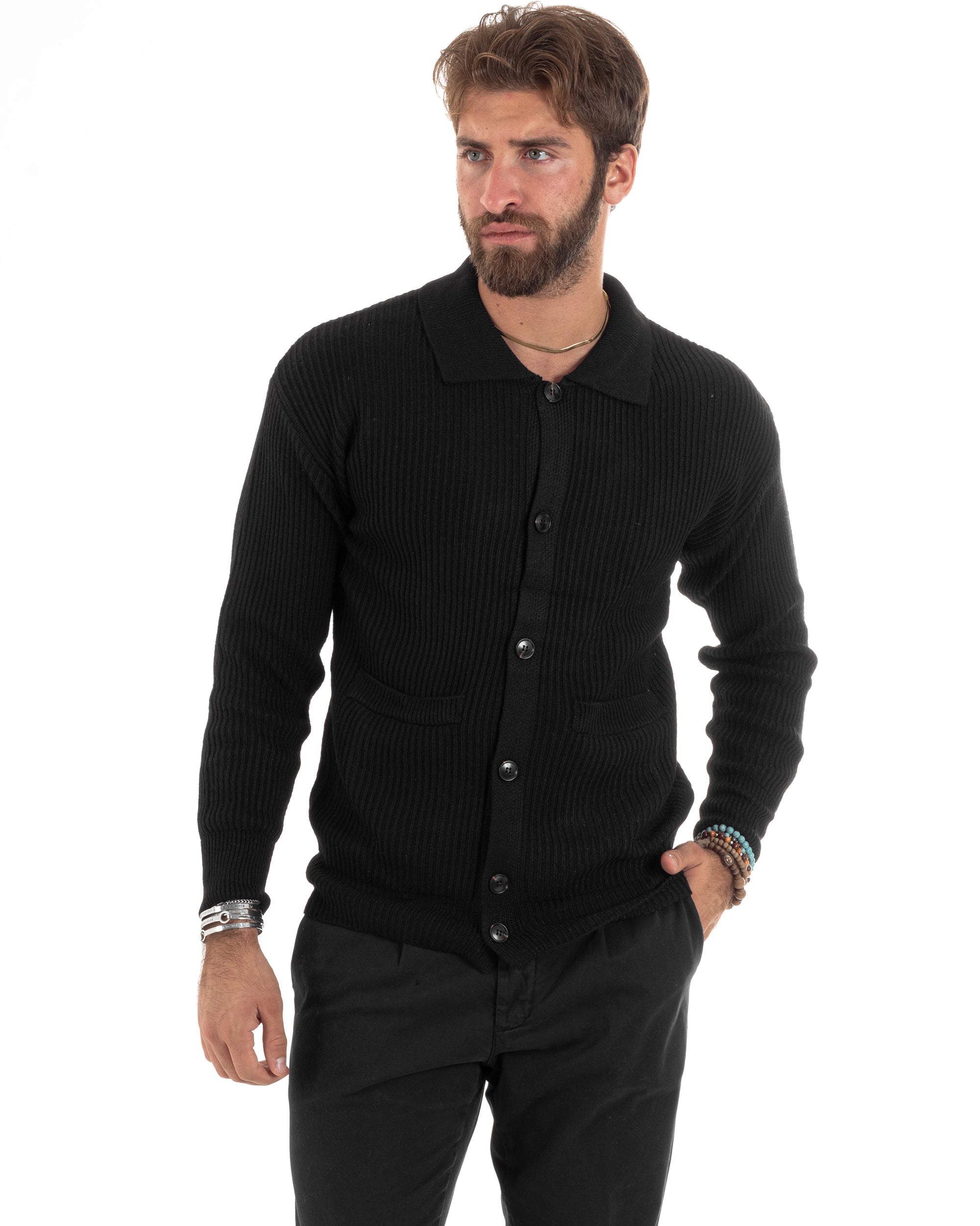 Cardigan Uomo Con Bottoni Maglioncino Con Colletto Polo Maniche Lunghe Tinta Unita Nero GIOSAL-M2946A