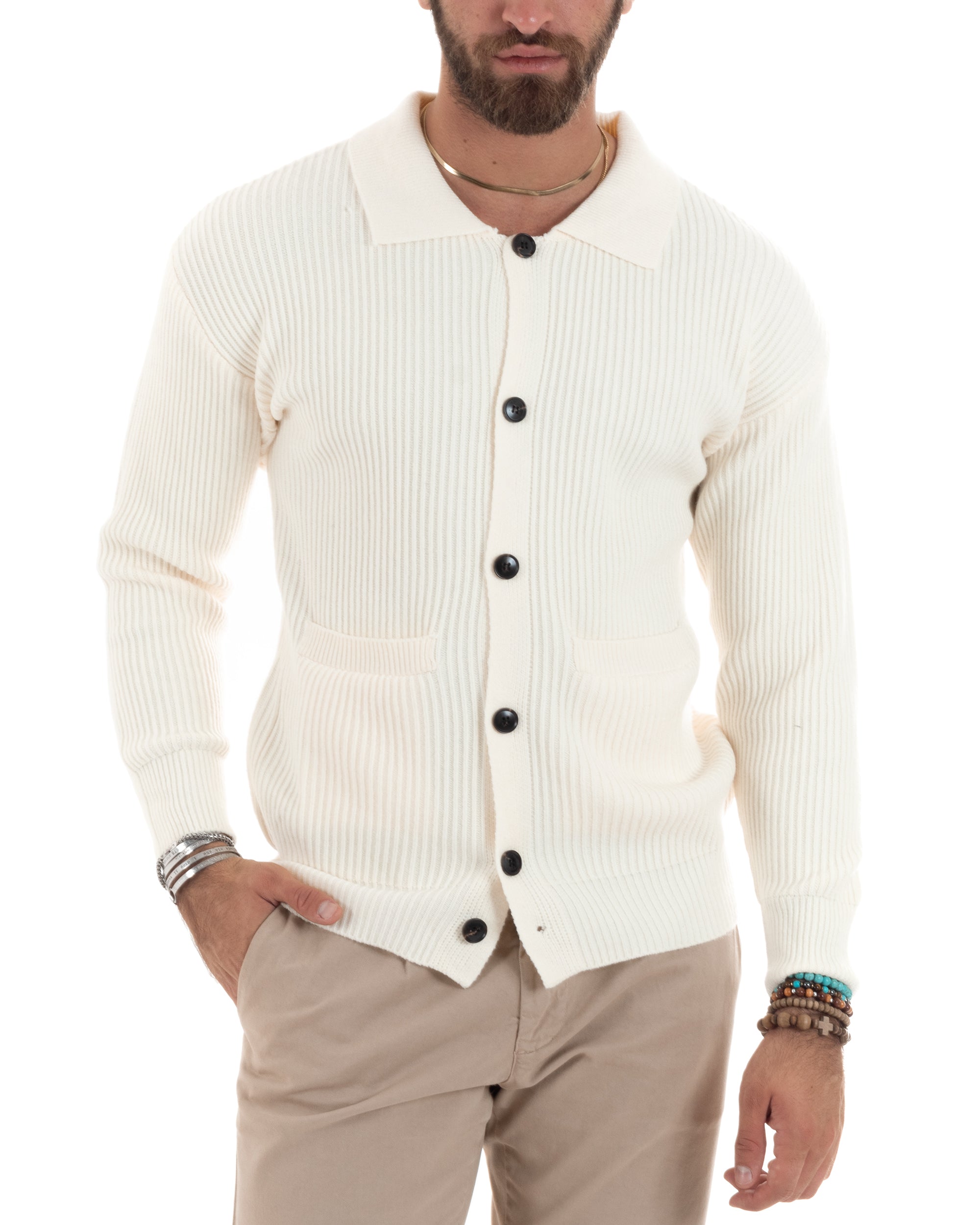 Cardigan Uomo Con Bottoni Maglioncino Con Colletto Polo Maniche Lunghe Tinta Unita Panna GIOSAL-M2947A