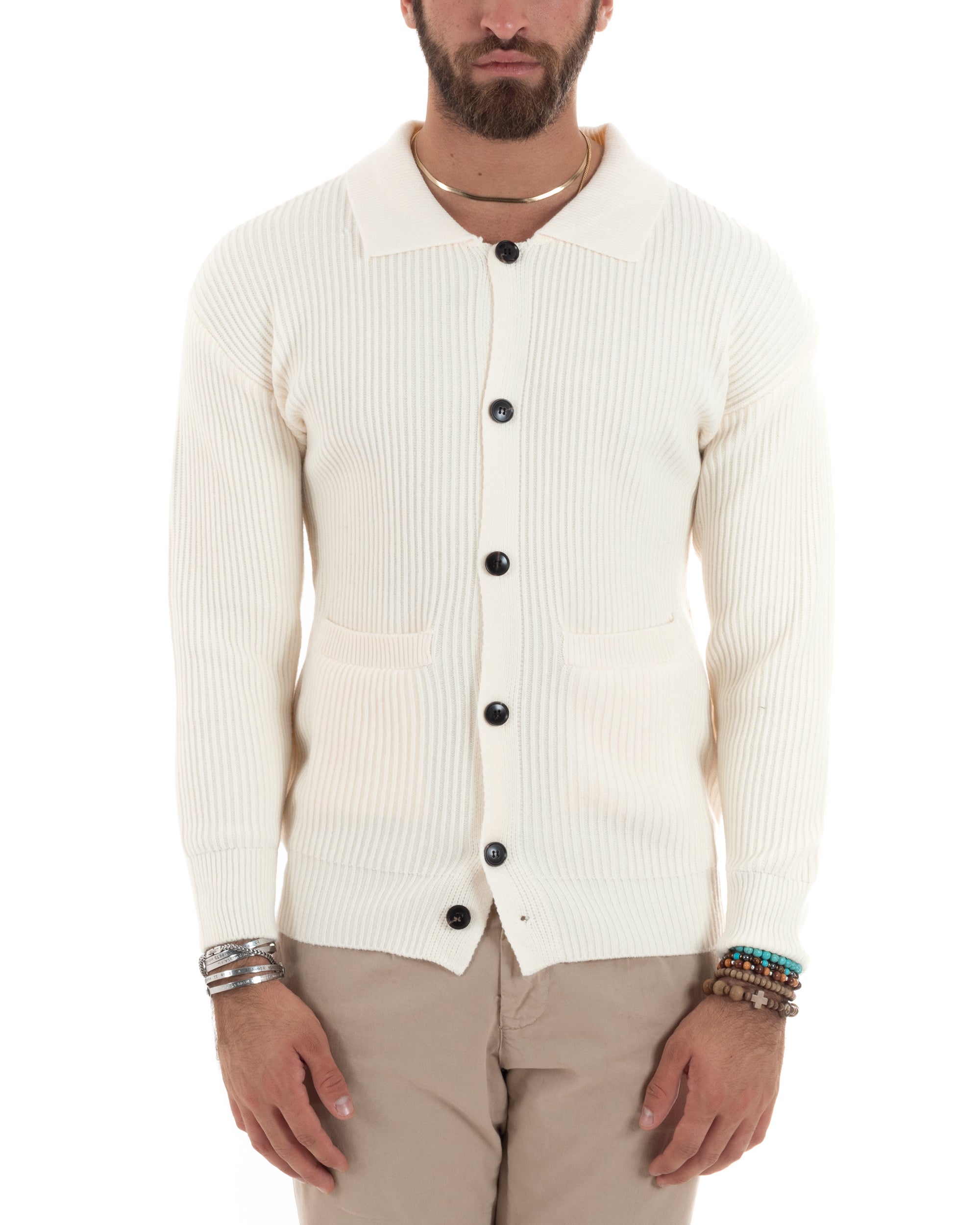 Cardigan Uomo Con Bottoni Maglioncino Con Colletto Polo Maniche Lunghe Tinta Unita Panna GIOSAL-M2947A