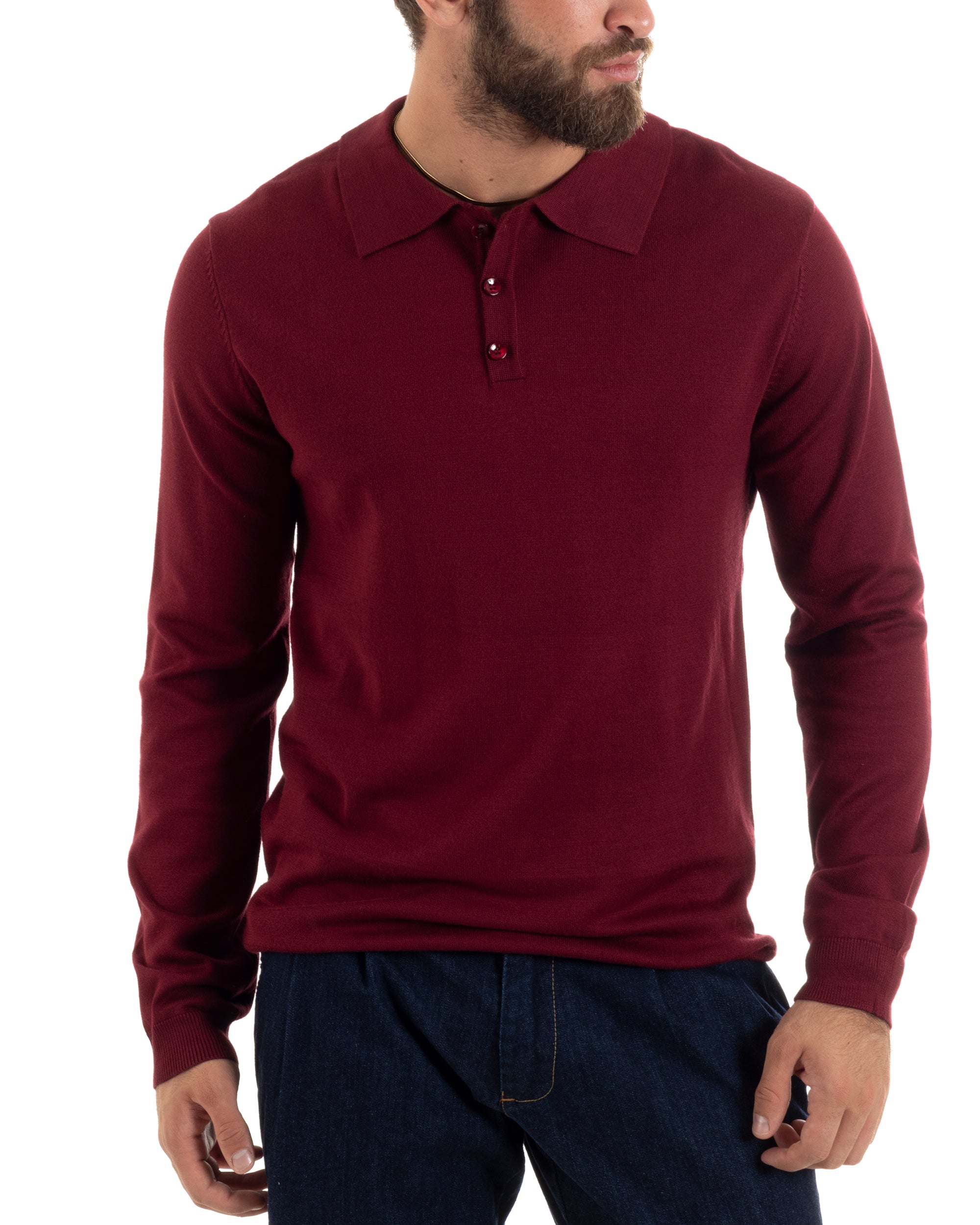 Maglioncino Uomo Casual Maglia Con Colletto Polo Tinta Unita Basic Bordeaux GIOSAL-M2948A