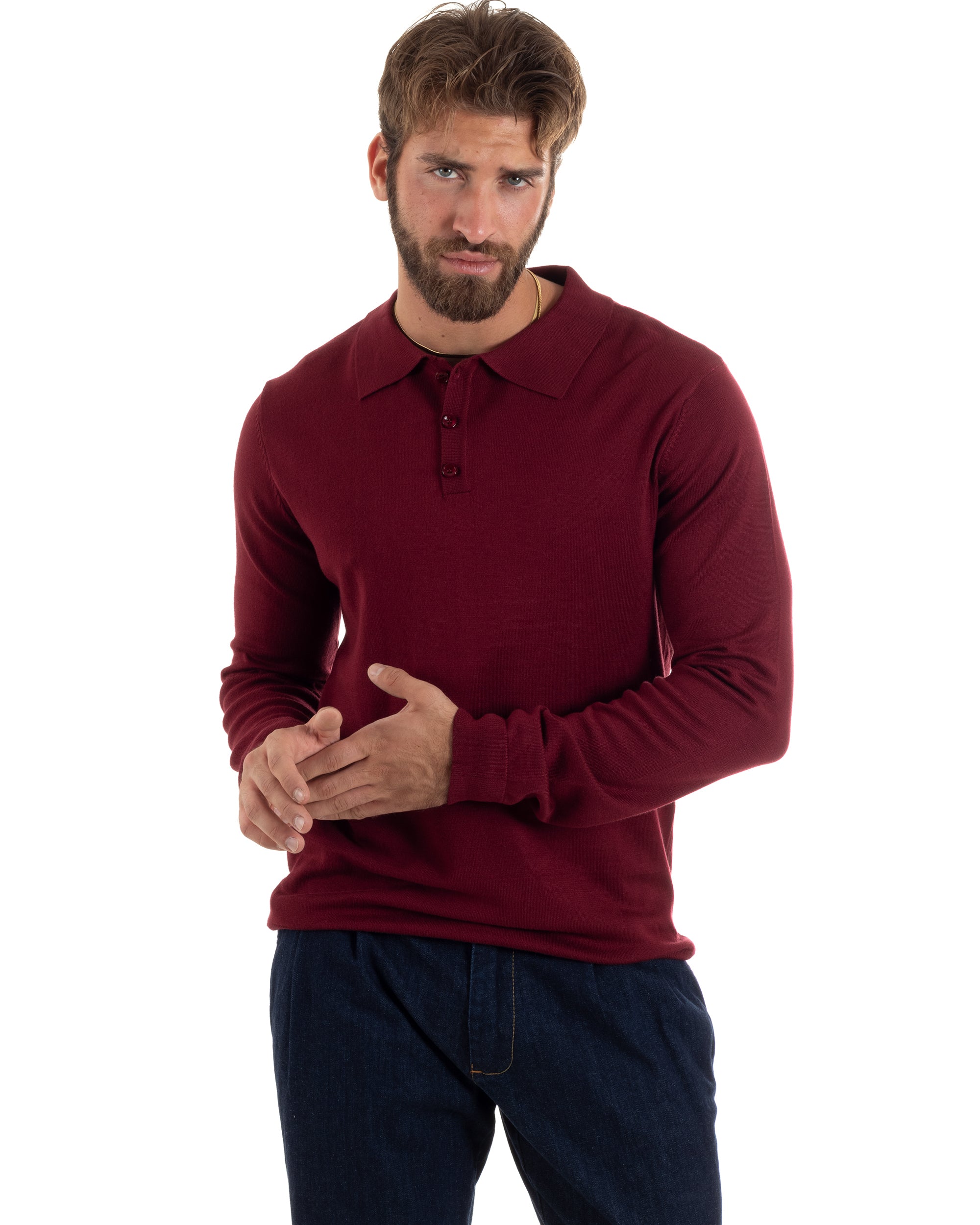 Maglioncino Uomo Casual Maglia Con Colletto Polo Tinta Unita Basic Bordeaux GIOSAL-M2948A