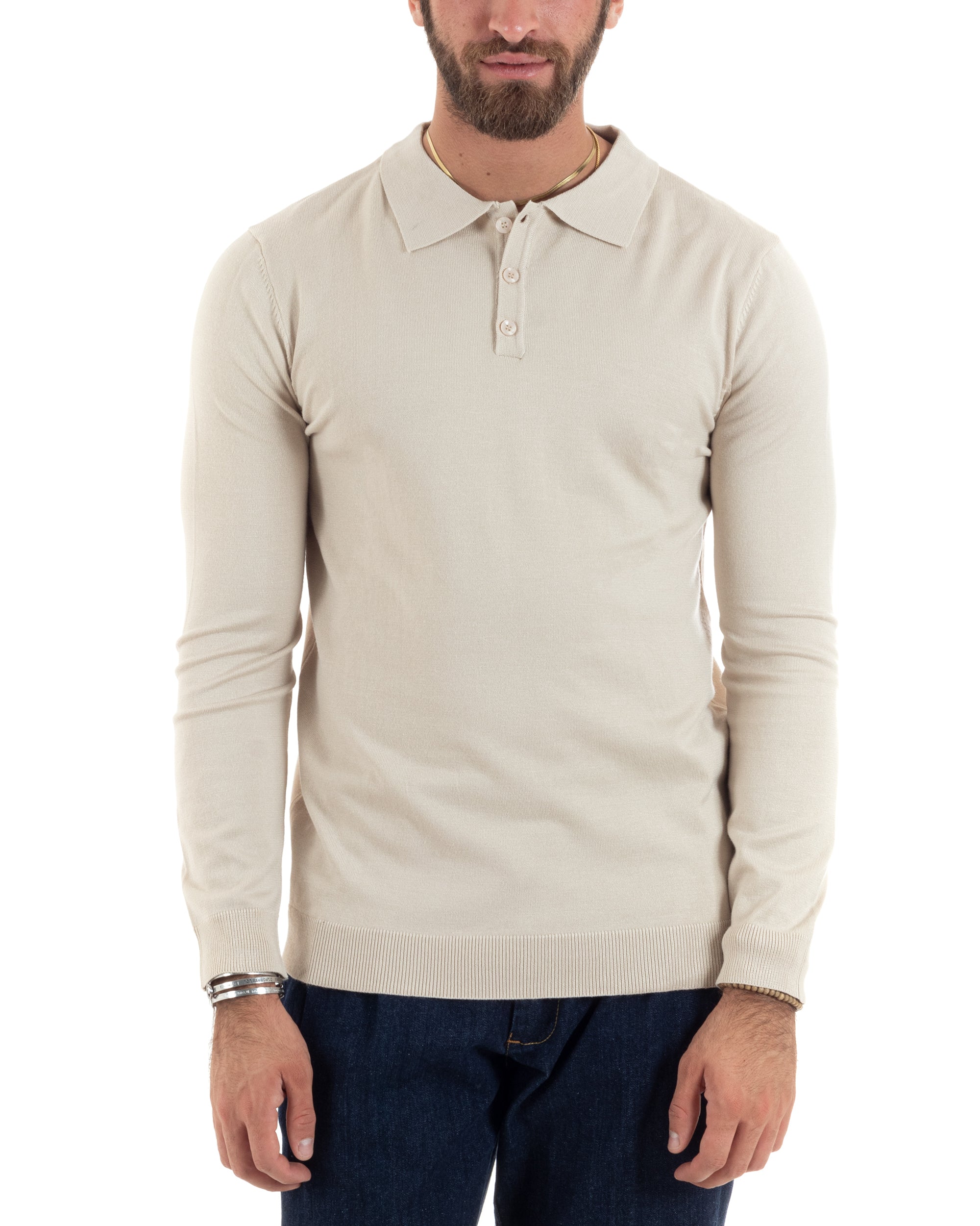 Maglioncino Uomo Casual Maglia Con Colletto Polo Tinta Unita Basic Panna GIOSAL-M2950A