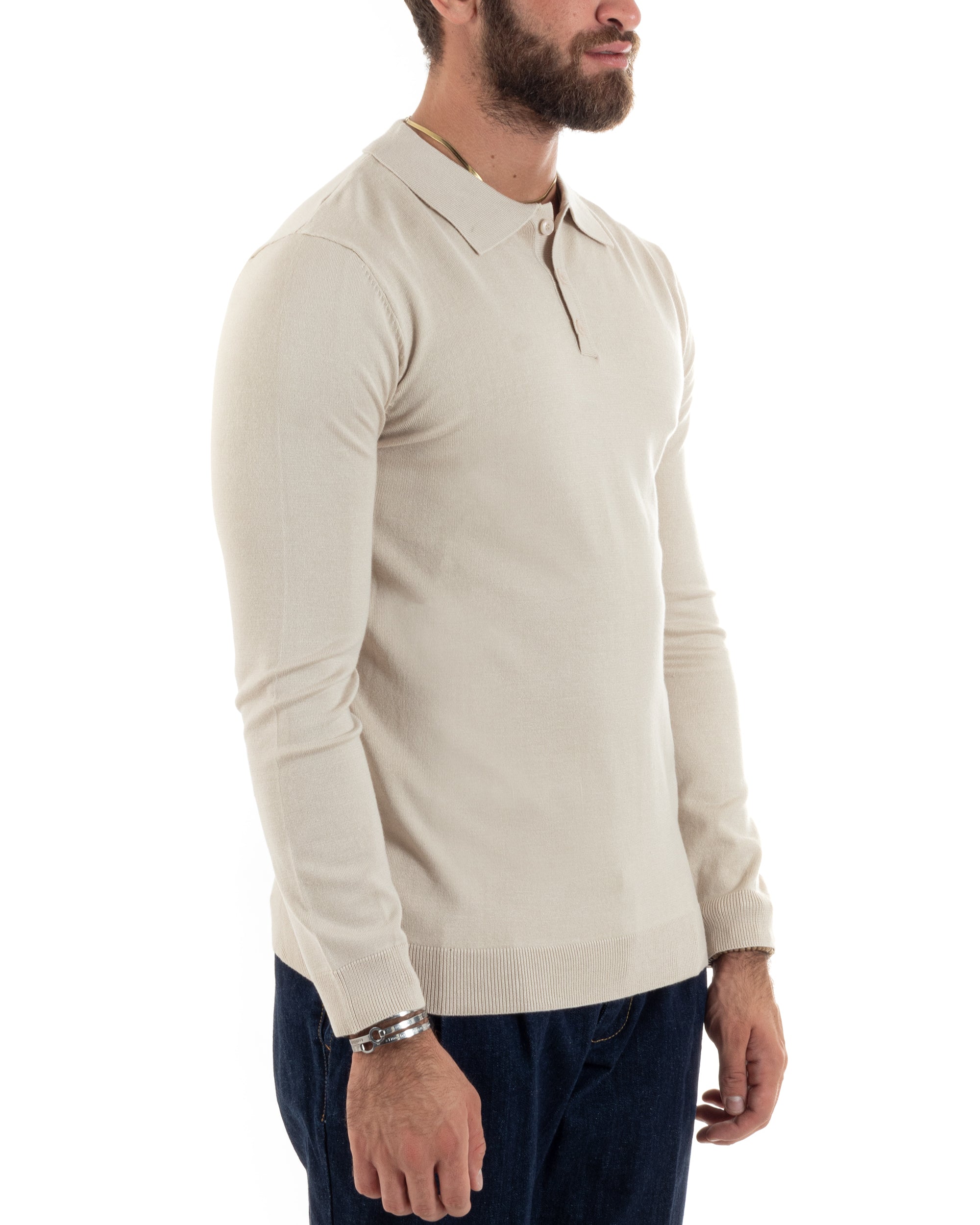 Maglioncino Uomo Casual Maglia Con Colletto Polo Tinta Unita Basic Panna GIOSAL-M2950A