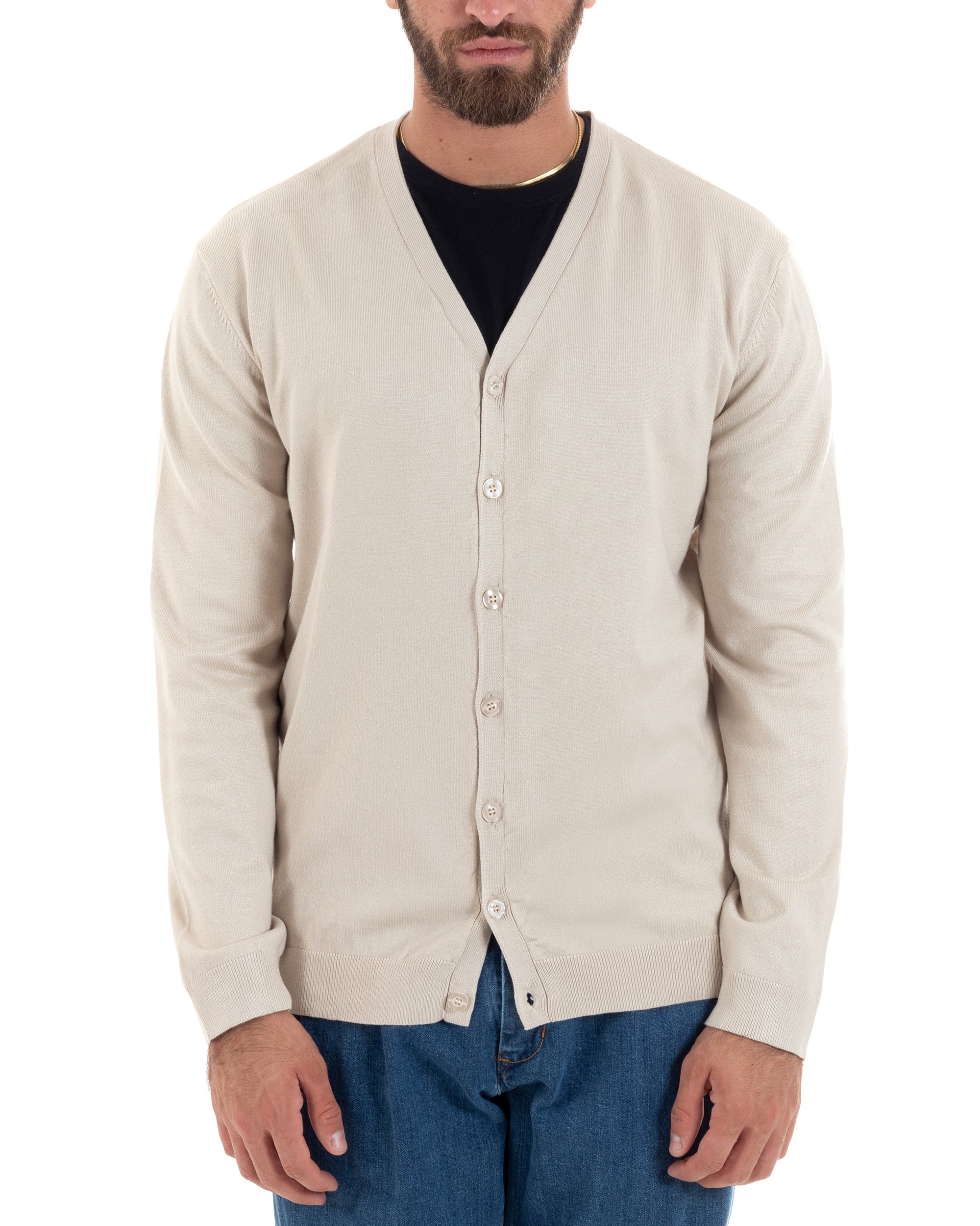 Cardigan Uomo Giacca Con Bottoni Maglioncino Scollo V Maglia Sottile Basic Panna GIOSAL-M2951A