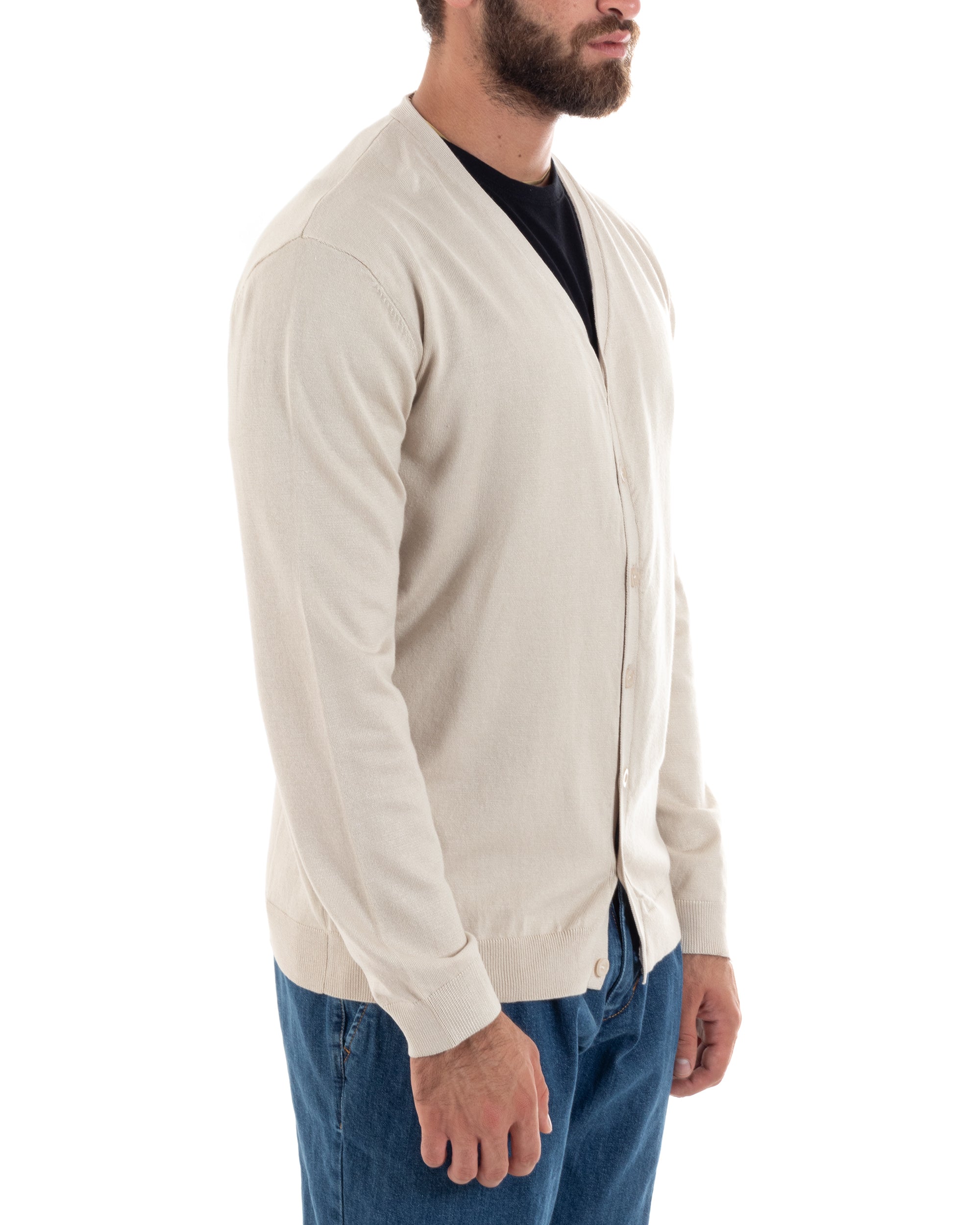 Cardigan Uomo Giacca Con Bottoni Maglioncino Scollo V Maglia Sottile Basic Panna GIOSAL-M2951A