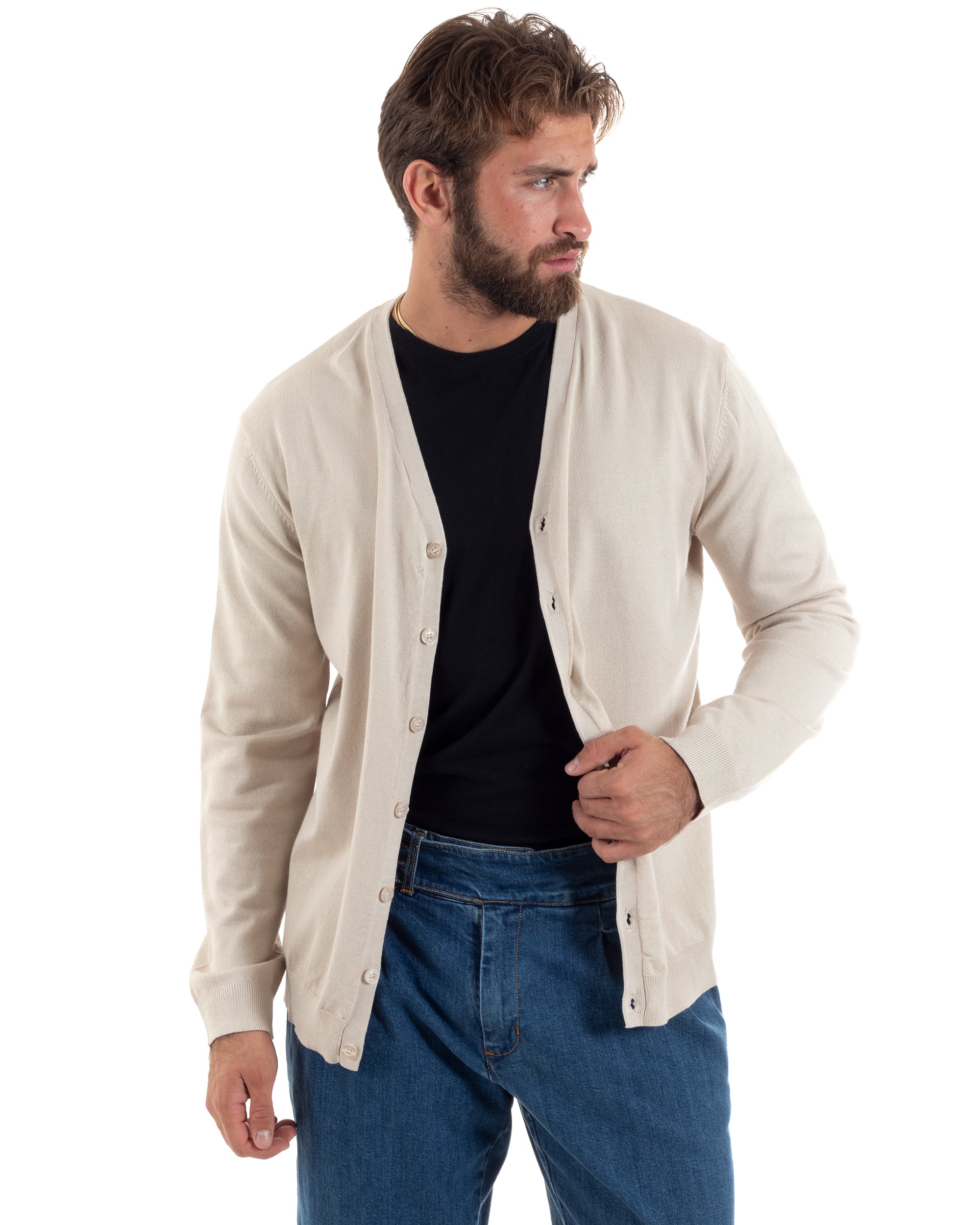 Cardigan Uomo Giacca Con Bottoni Maglioncino Scollo V Maglia Sottile Basic Panna GIOSAL-M2951A