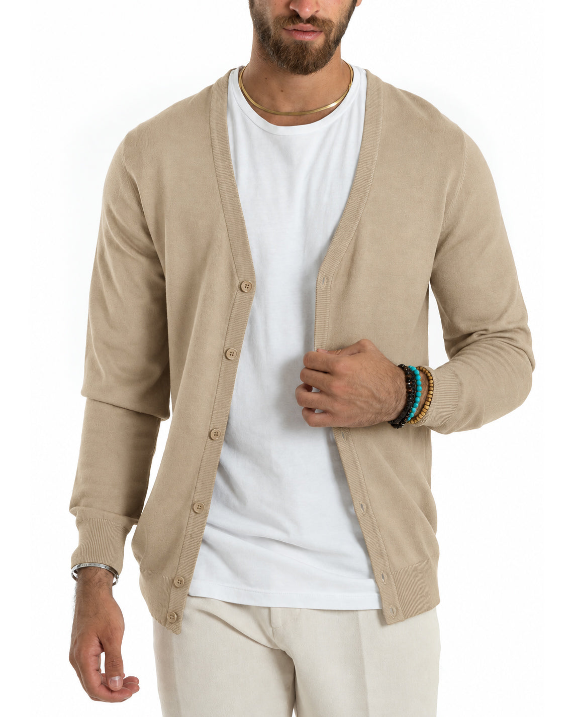 Basic Beige V-Ausschnitt Dünner Strickcardigan M2952A