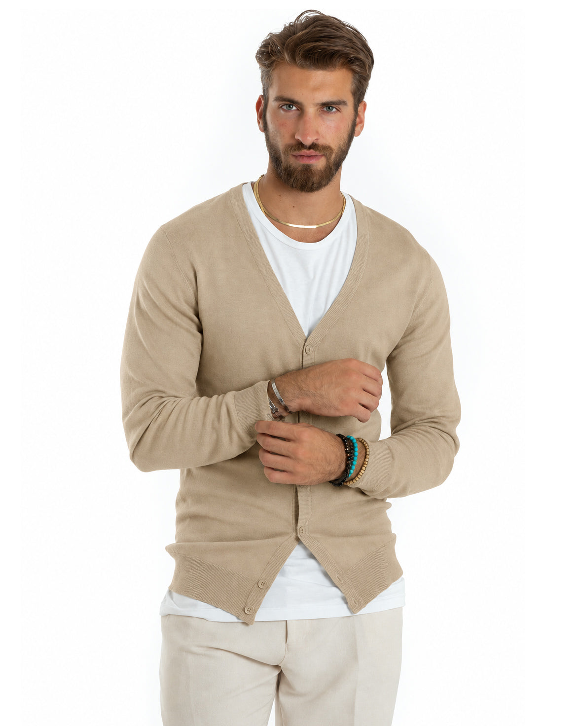 Basic Beige V-Ausschnitt Dünner Strickcardigan M2952A