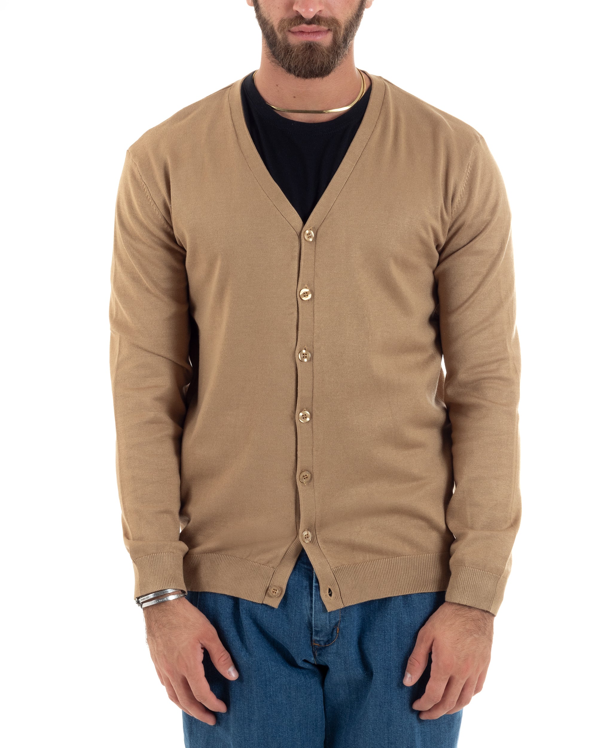 Cardigan Uomo Giacca Con Bottoni Maglioncino Scollo V Maglia Sottile Basic Beige GIOSAL-M2952A