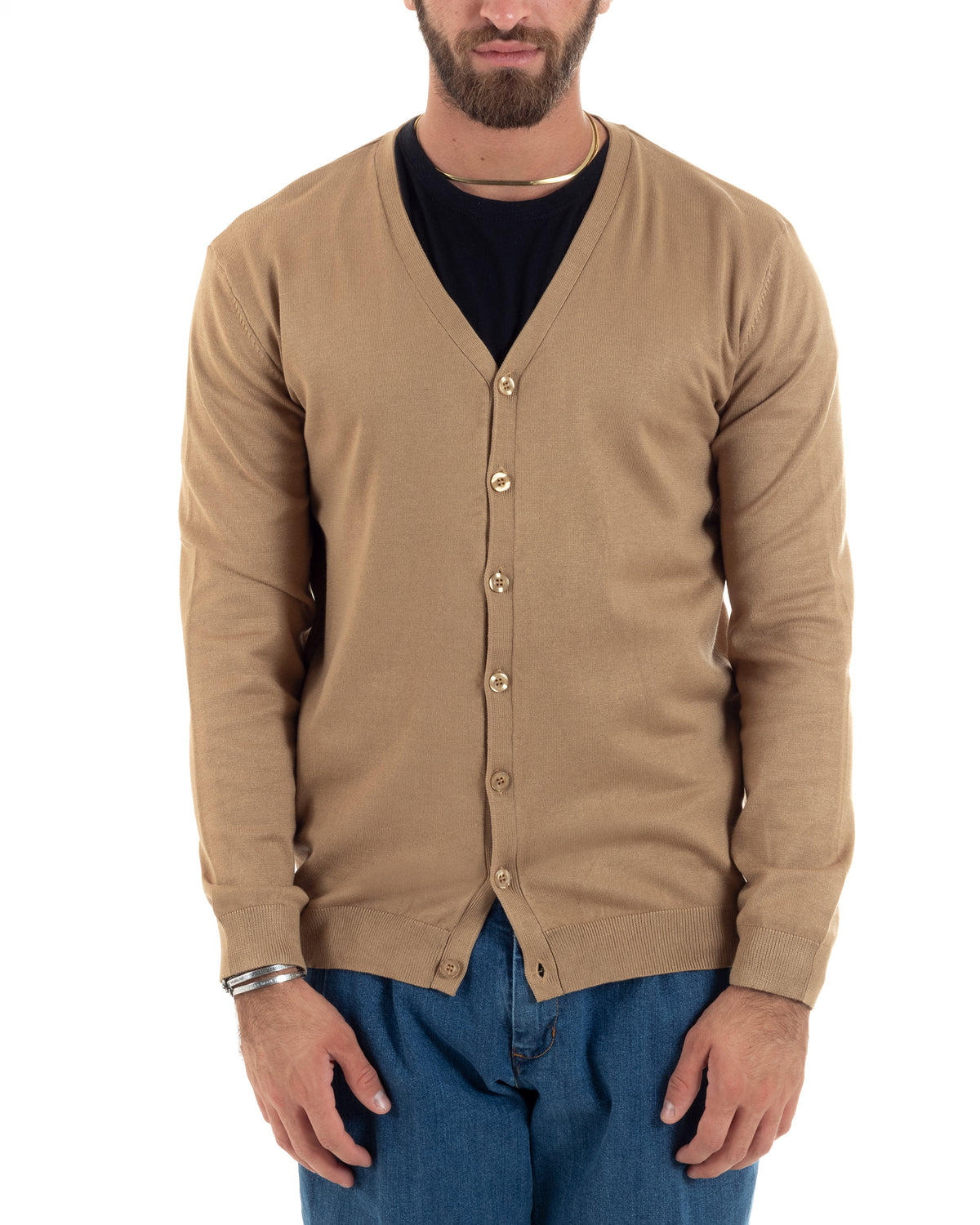 Schlichter, dünner Strickcardigan mit V-Ausschnitt, Kamel M2692A