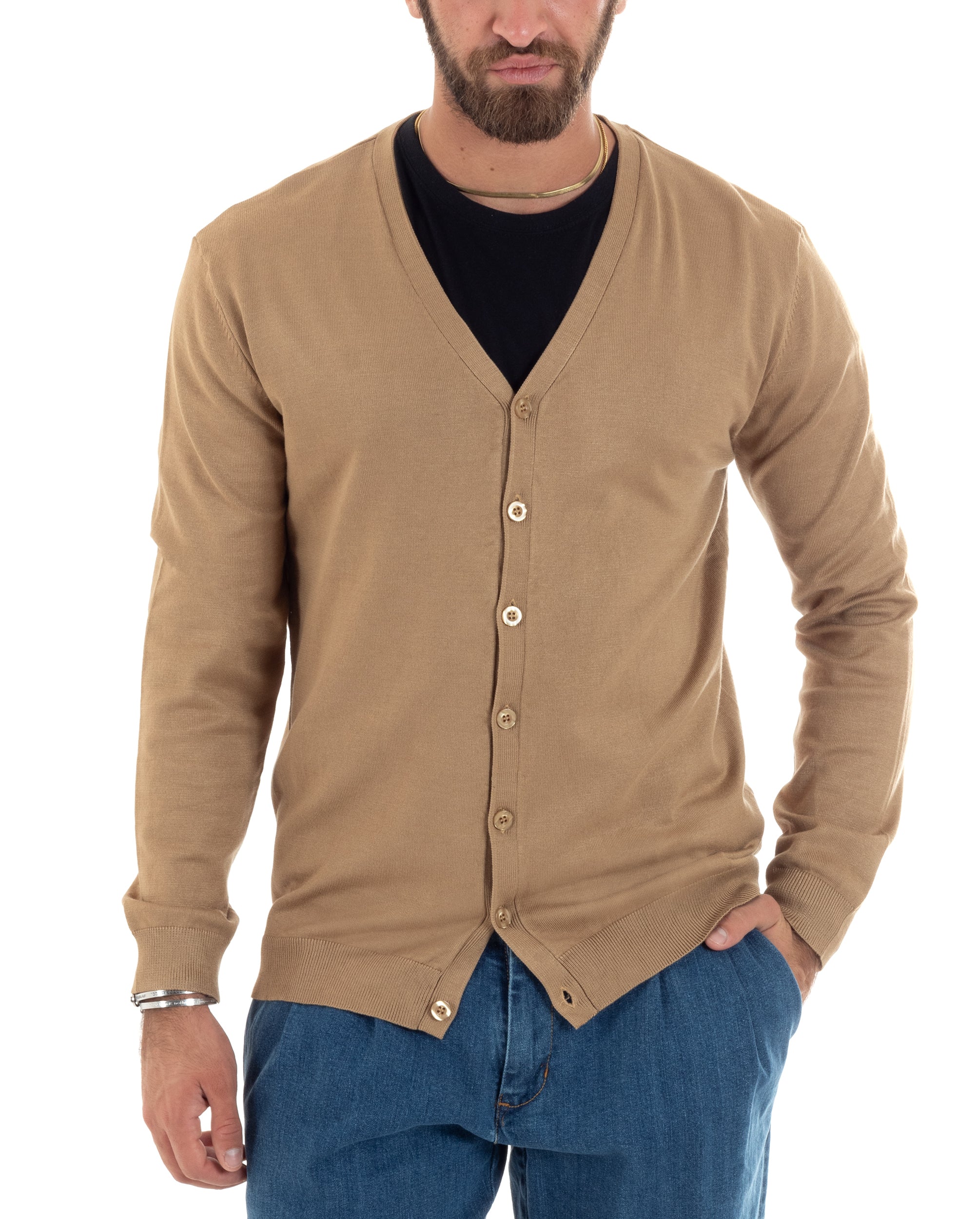 Cardigan Uomo Giacca Con Bottoni Maglioncino Scollo V Maglia Sottile Basic Beige GIOSAL-M2952A