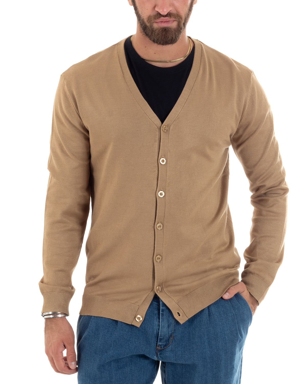 Schlichter, dünner Strickcardigan mit V-Ausschnitt, Kamel M2692A