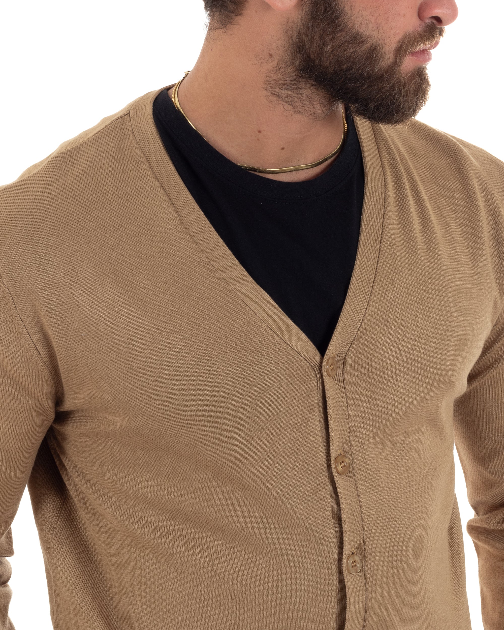 Cardigan Uomo Giacca Con Bottoni Maglioncino Scollo V Maglia Sottile Basic Beige GIOSAL-M2952A