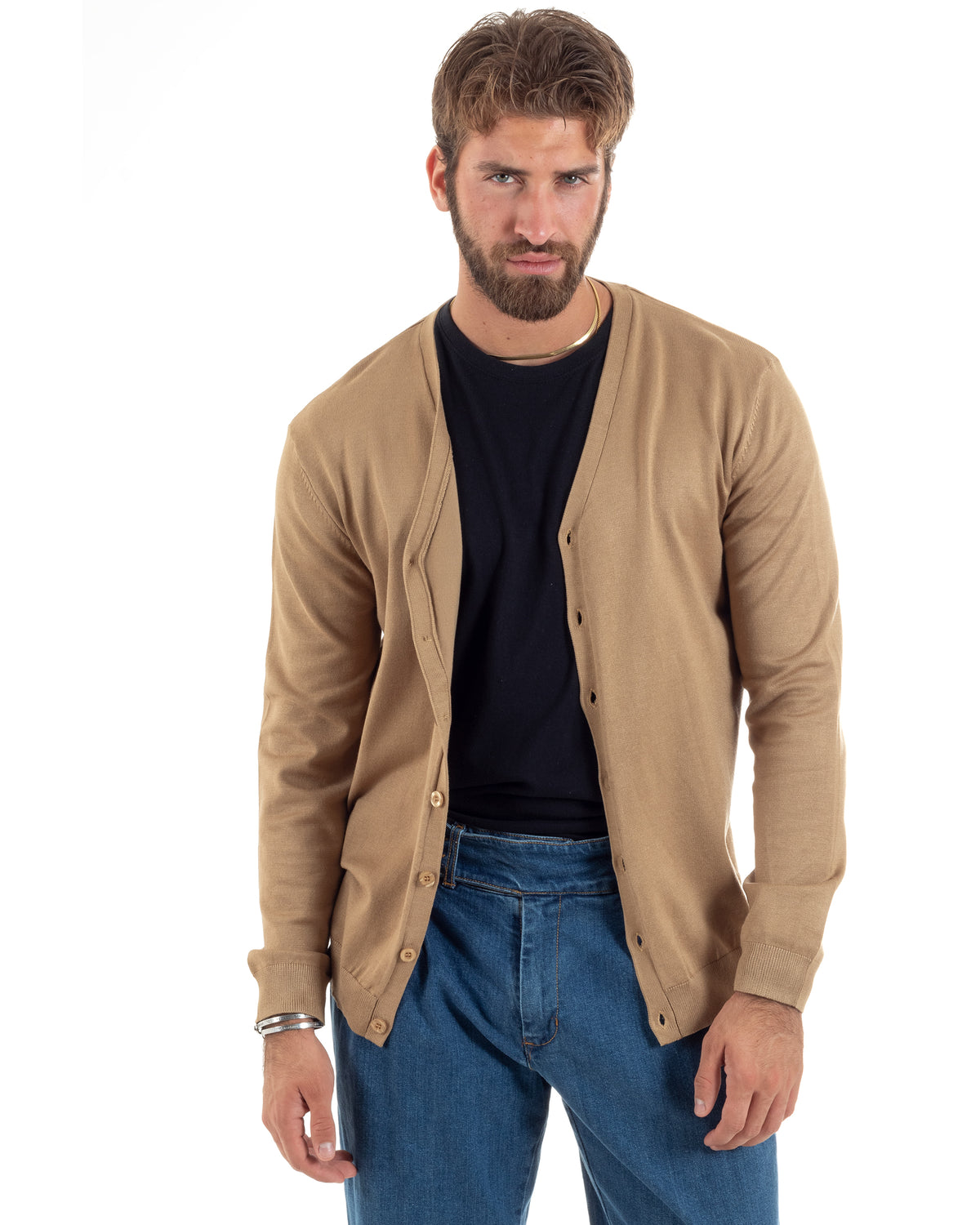 Schlichter, dünner Strickcardigan mit V-Ausschnitt, Kamel M2692A