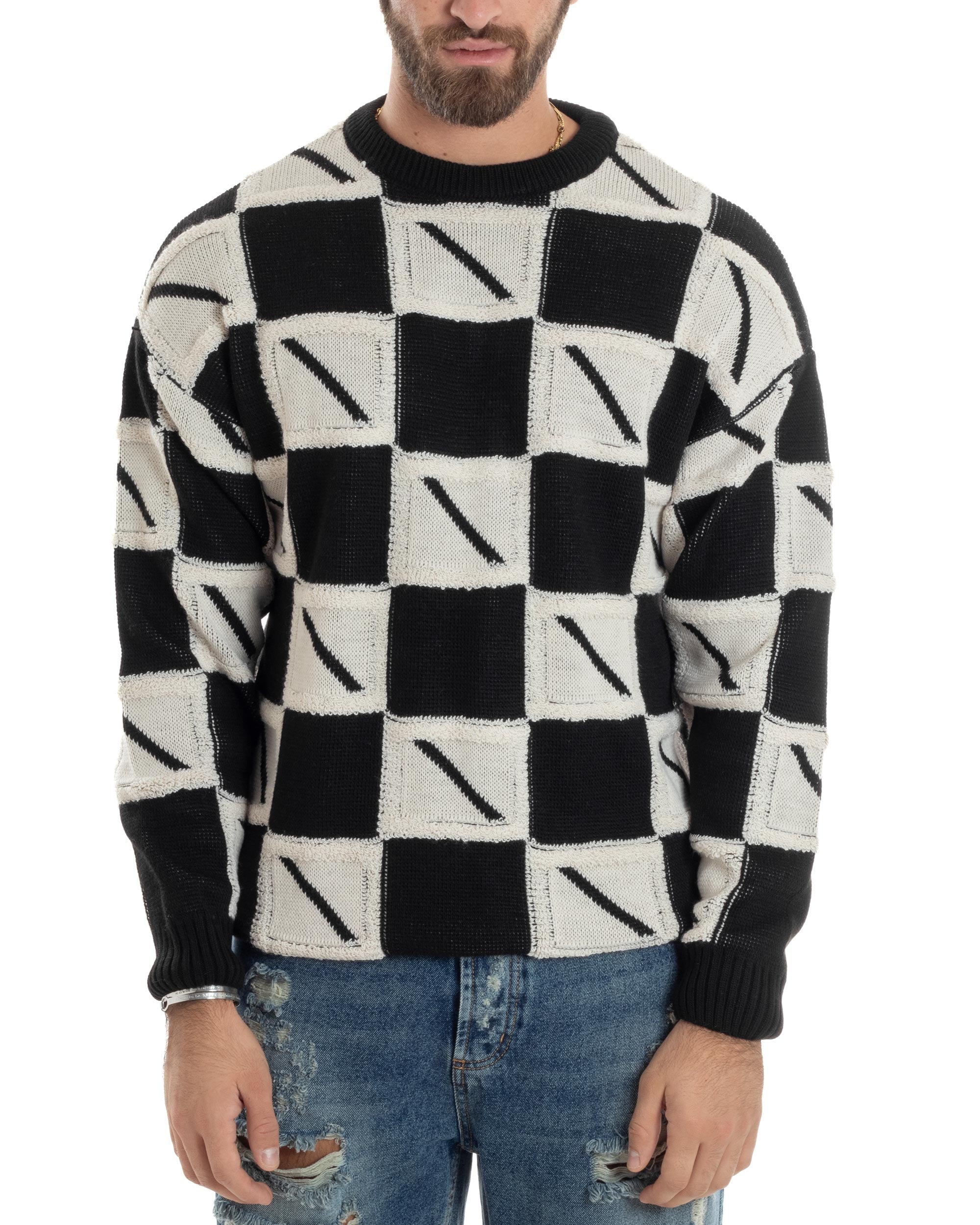 Maglione Uomo Girocollo Maglia Calda Lana Fantasia Jacquard Pullover Morbido Casual Bicolore Bianco Nero GIOSAL-M2953A