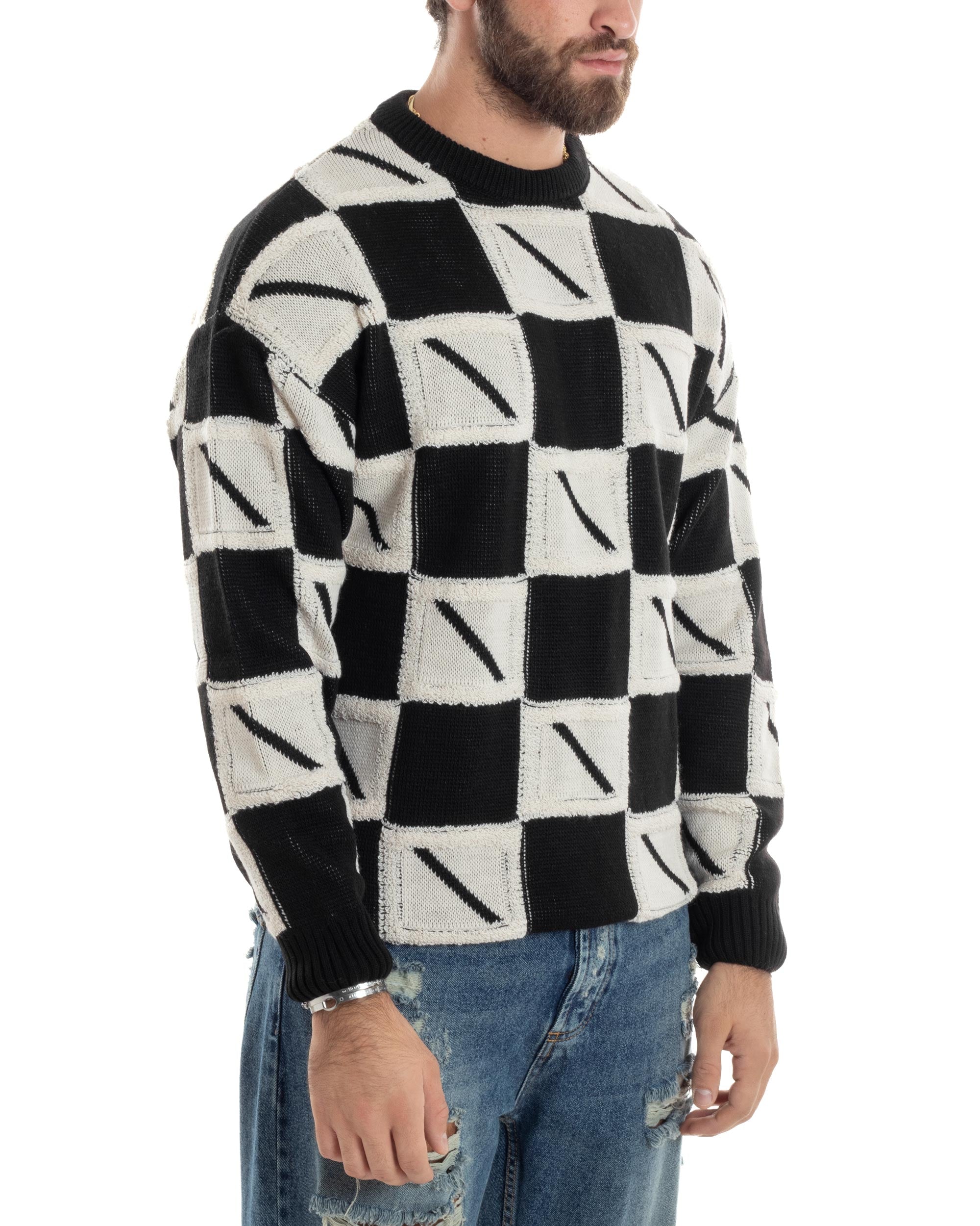 Maglione Uomo Girocollo Maglia Calda Lana Fantasia Jacquard Pullover Morbido Casual Bicolore Bianco Nero GIOSAL-M2953A