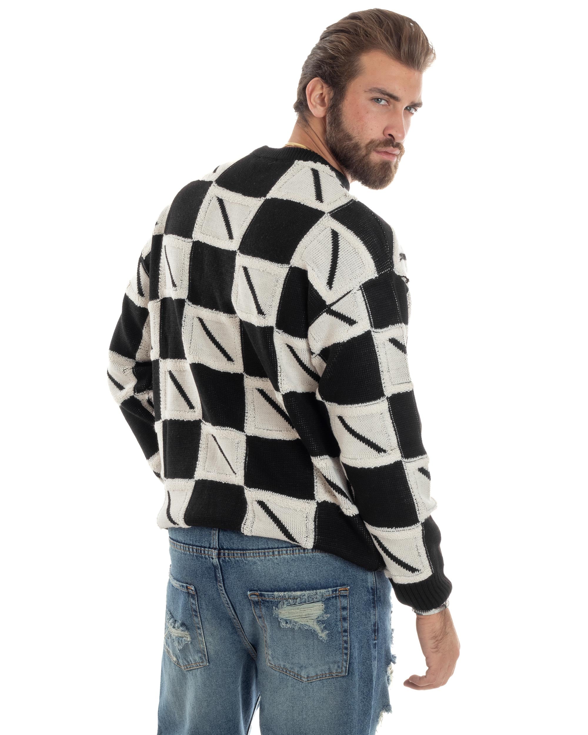 Maglione Uomo Girocollo Maglia Calda Lana Fantasia Jacquard Pullover Morbido Casual Bicolore Bianco Nero GIOSAL-M2953A