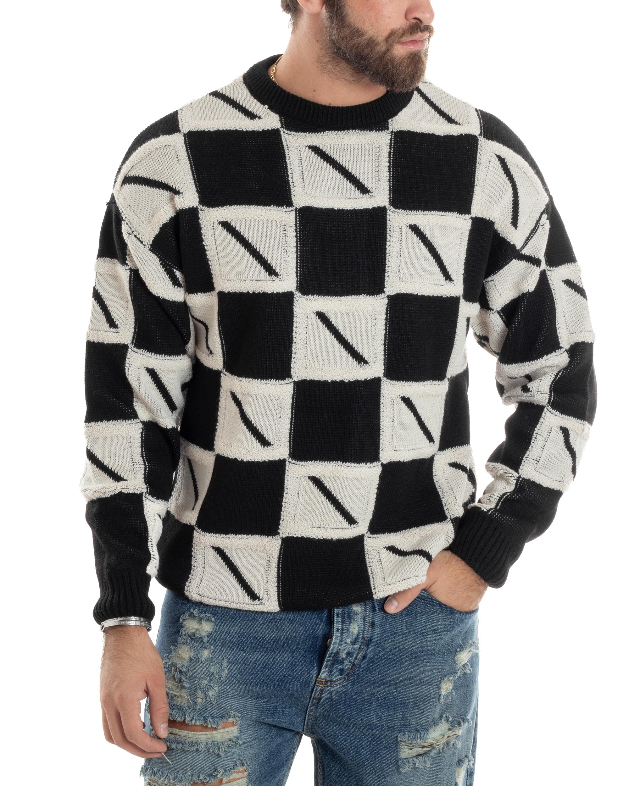 Maglione Uomo Girocollo Maglia Calda Lana Fantasia Jacquard Pullover Morbido Casual Bicolore Bianco Nero GIOSAL-M2953A