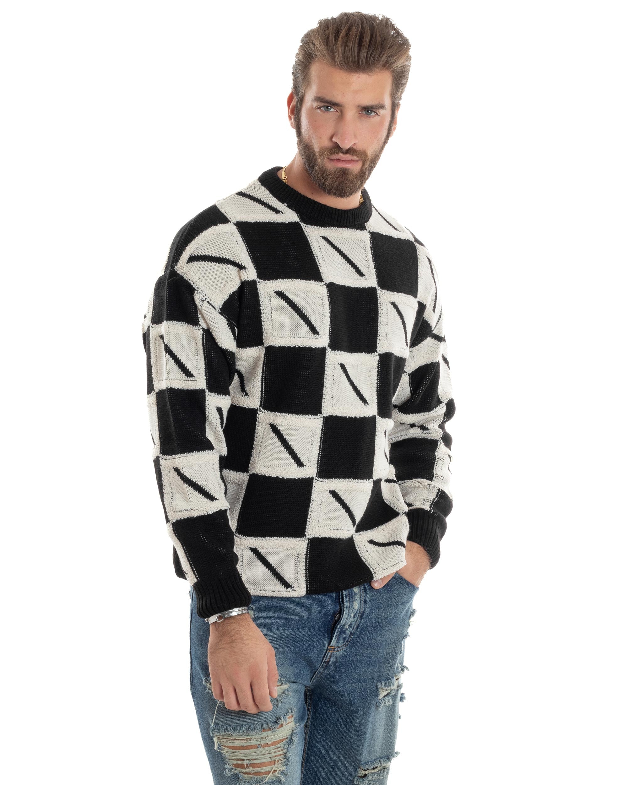 Maglione Uomo Girocollo Maglia Calda Lana Fantasia Jacquard Pullover Morbido Casual Bicolore Bianco Nero GIOSAL-M2953A