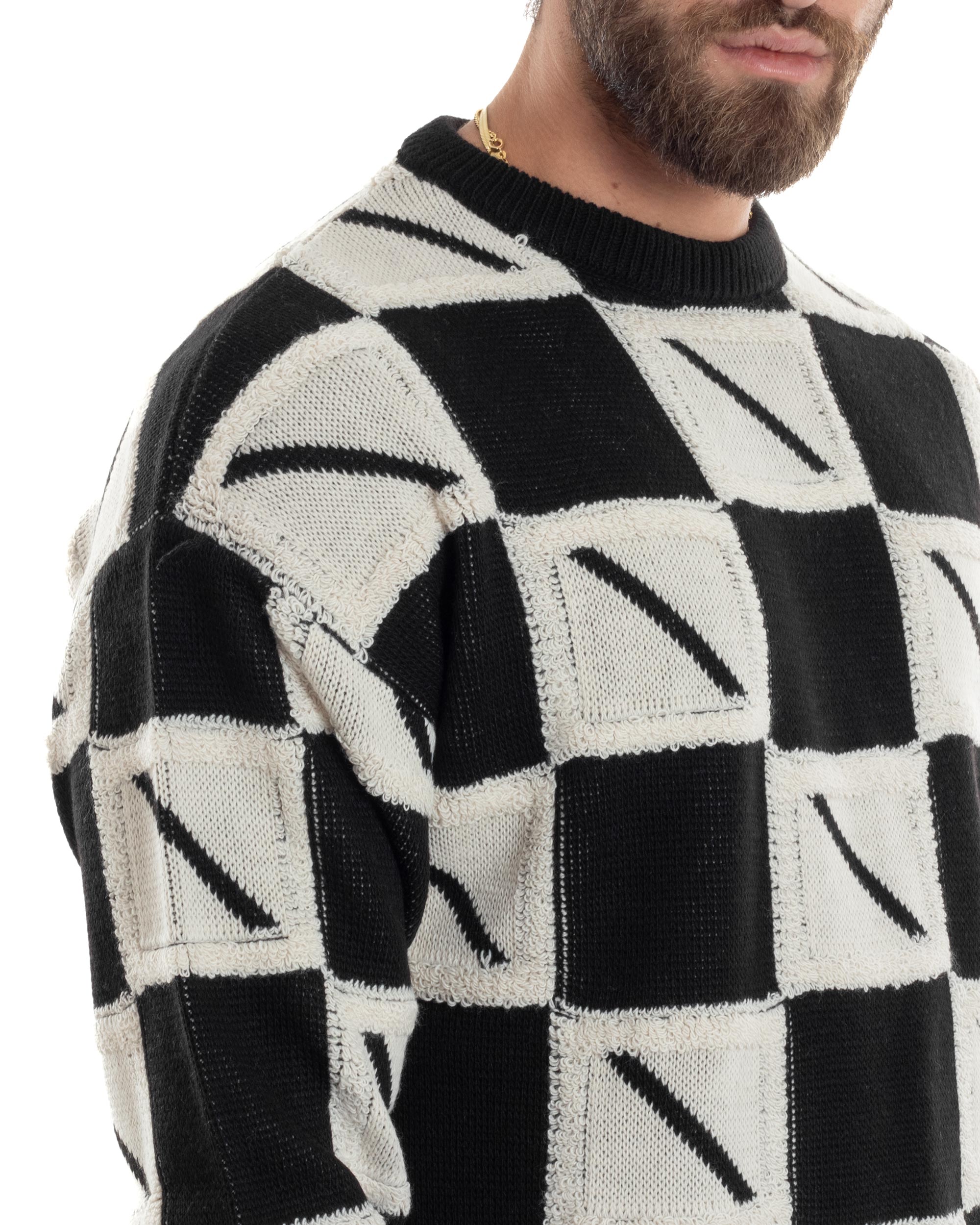 Maglione Uomo Girocollo Maglia Calda Lana Fantasia Jacquard Pullover Morbido Casual Bicolore Bianco Nero GIOSAL-M2953A