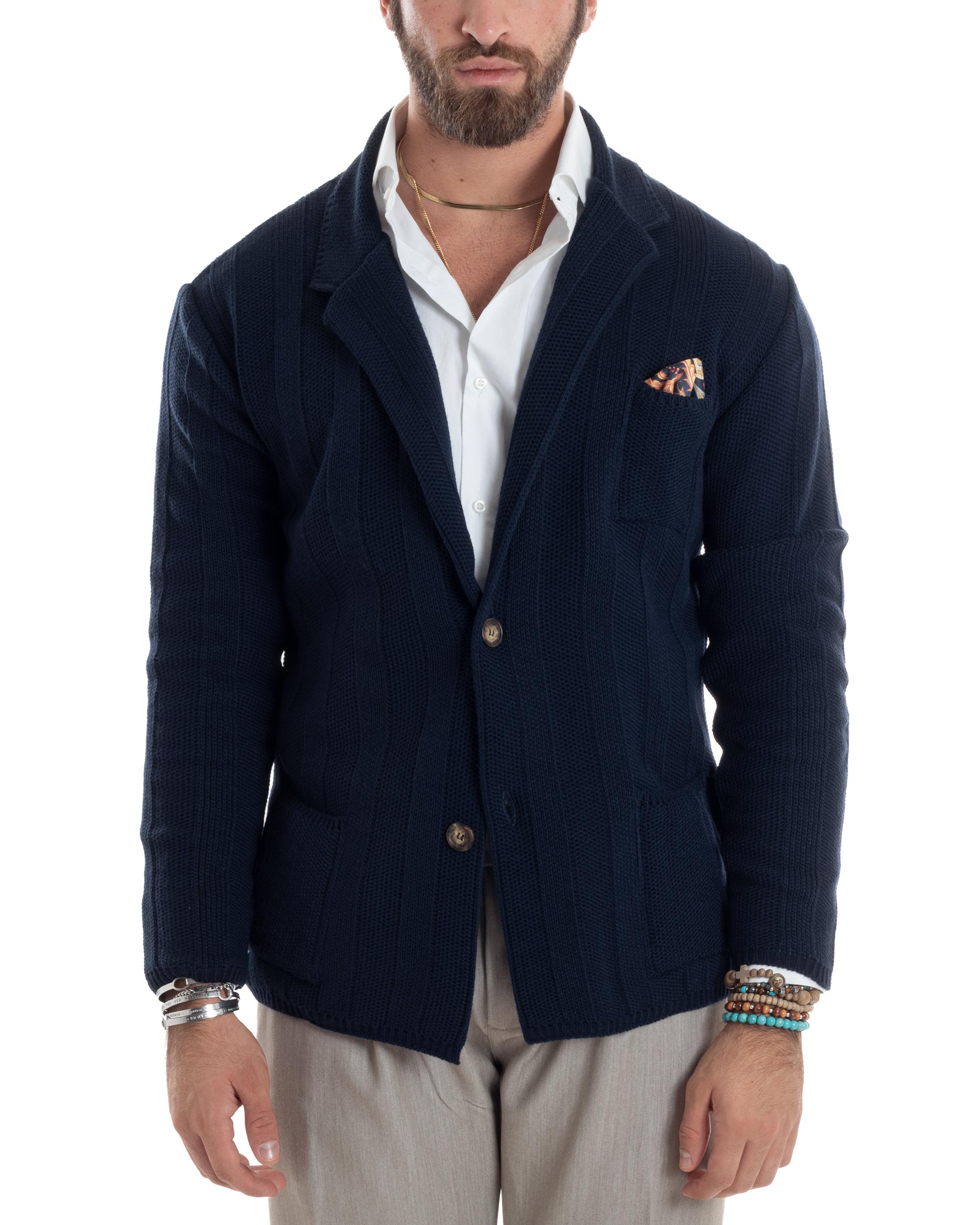 Cardigan Uomo Giacca Con Bottoni Maglia Tramata Maglioncino Lavorato Tinta Unita Casual Blu GIOSAL-M2954A